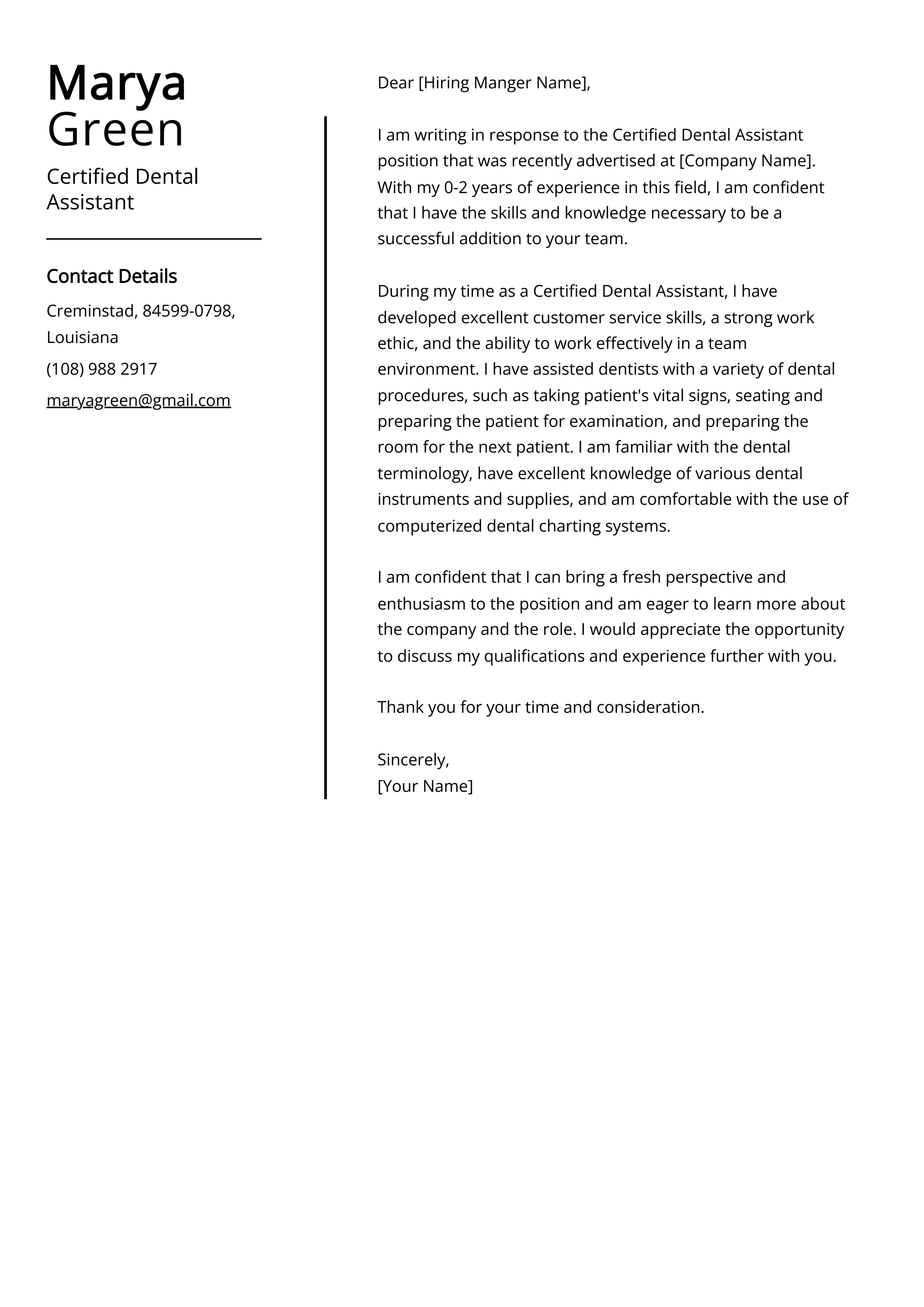 Certified Dental Assistant Cover Letter Example