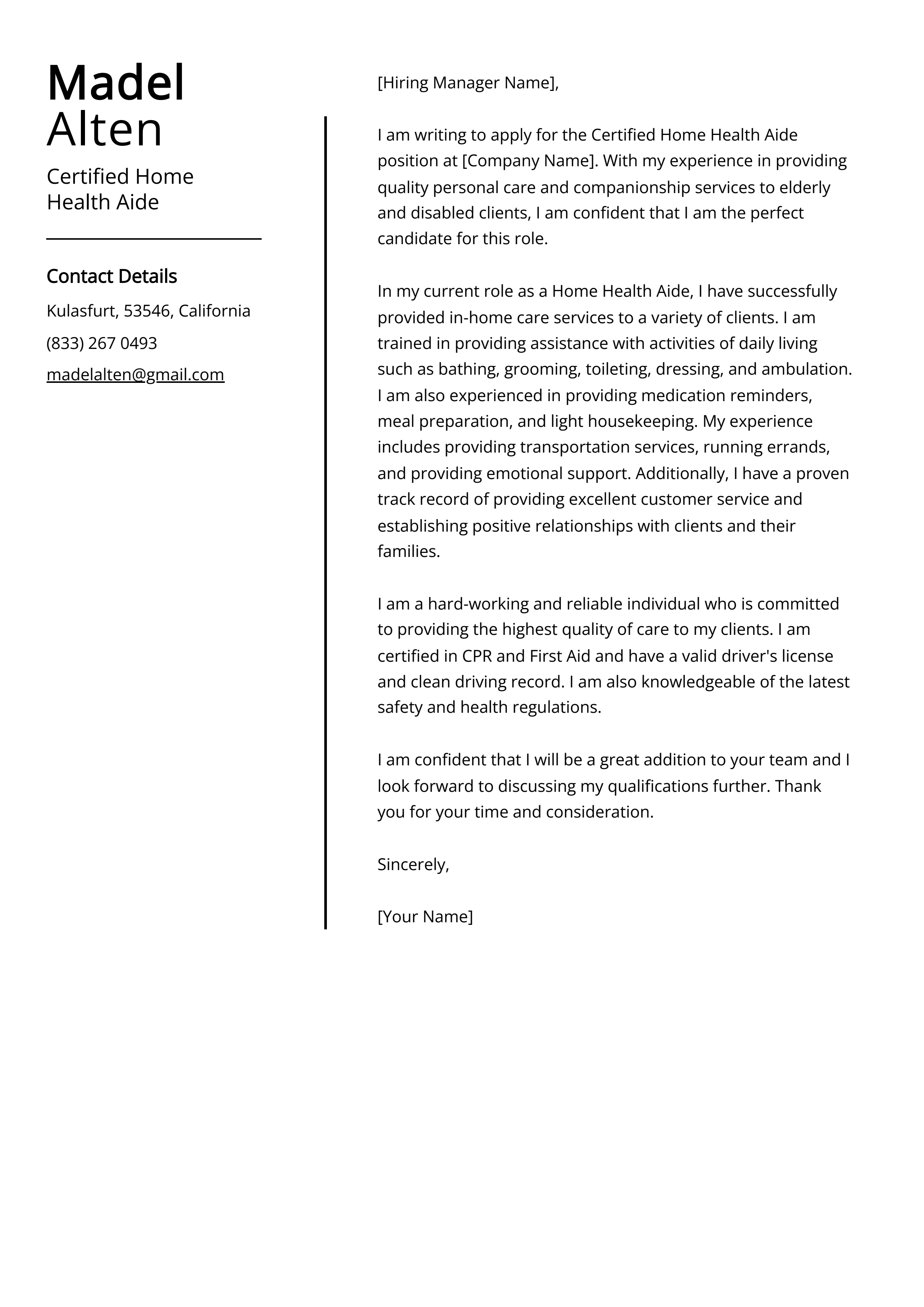 Certified Home Health Aide Cover Letter Example