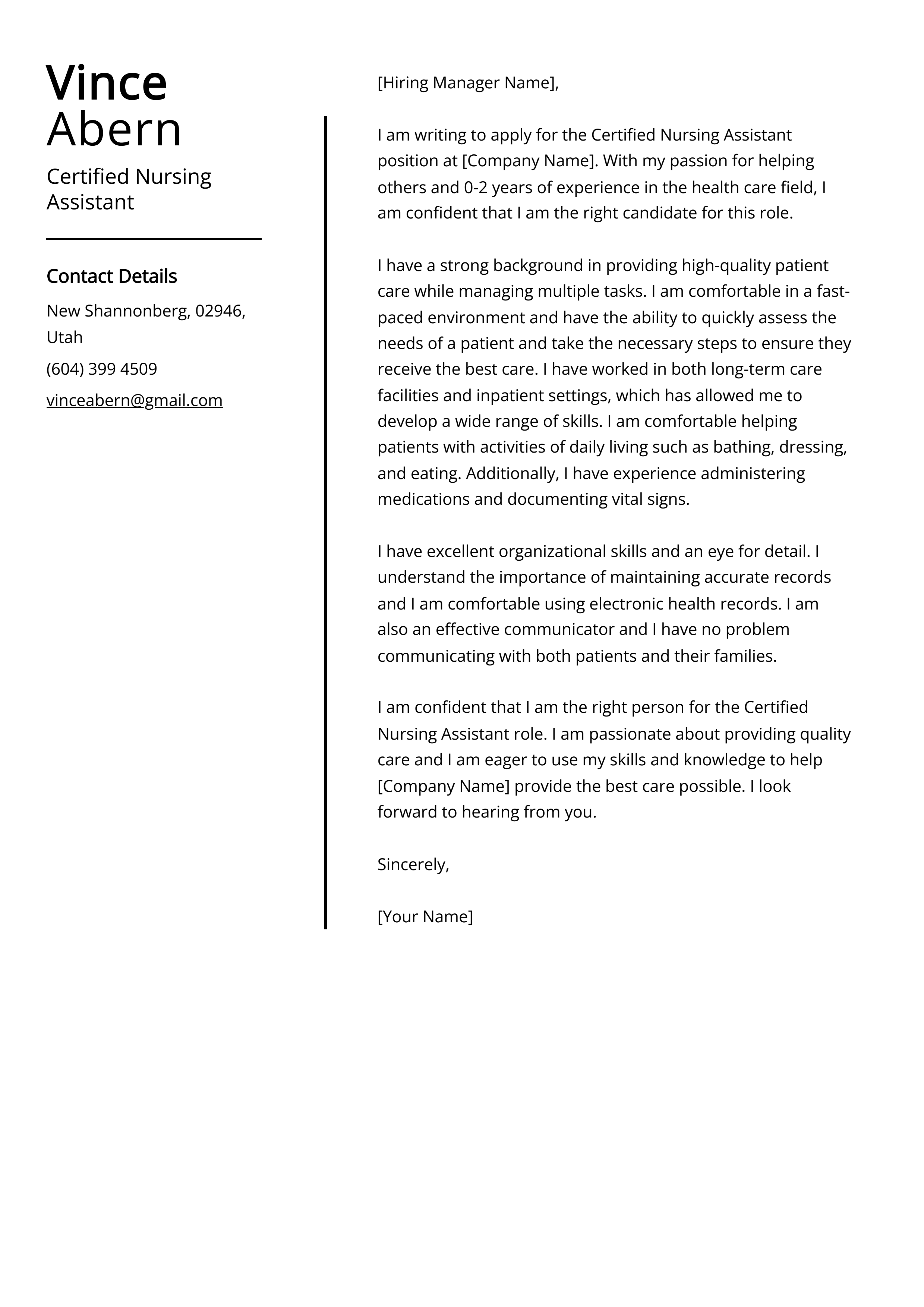 Certified Nursing Assistant Cover Letter Example