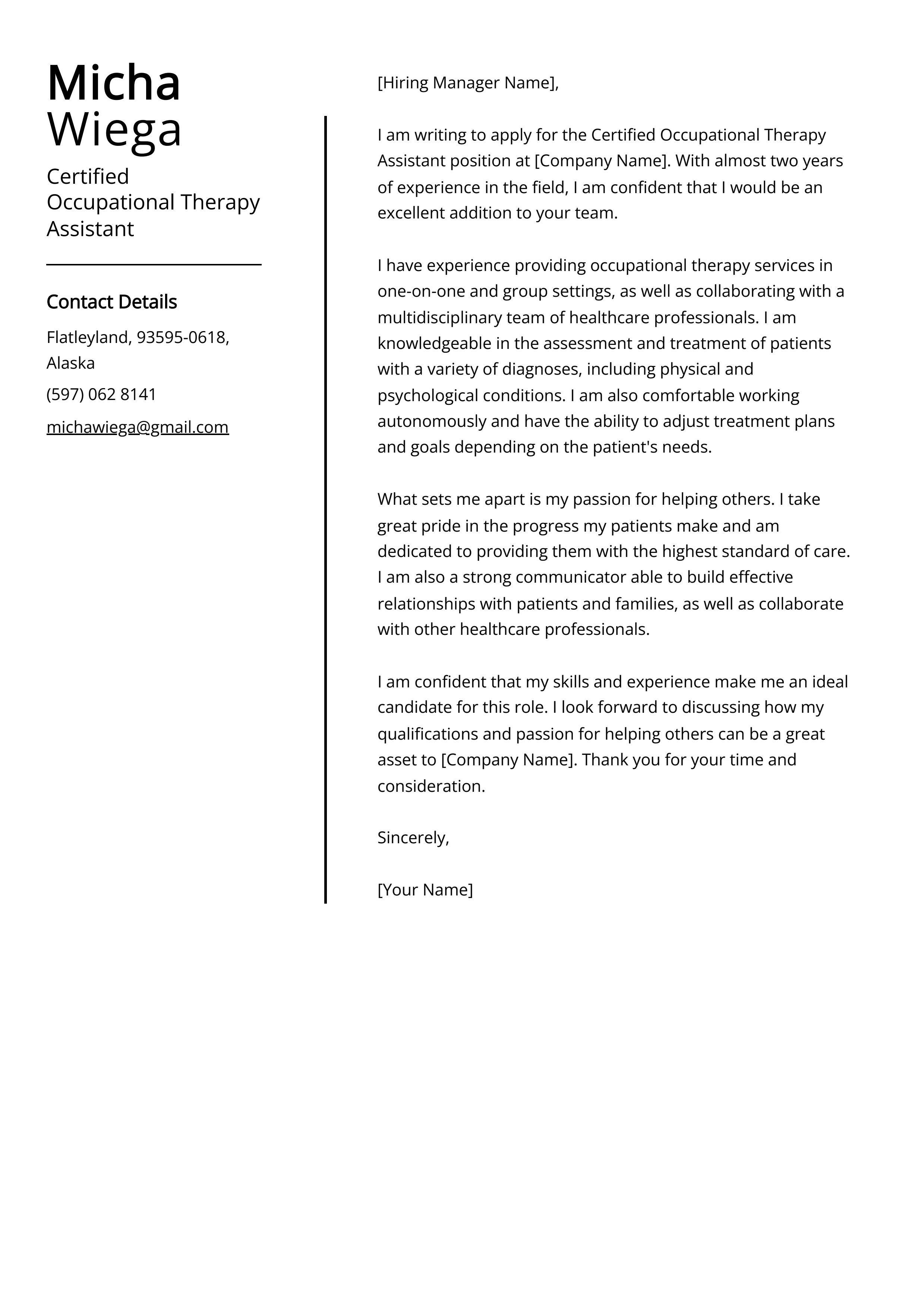 Certified Occupational Therapy Assistant Cover Letter Example