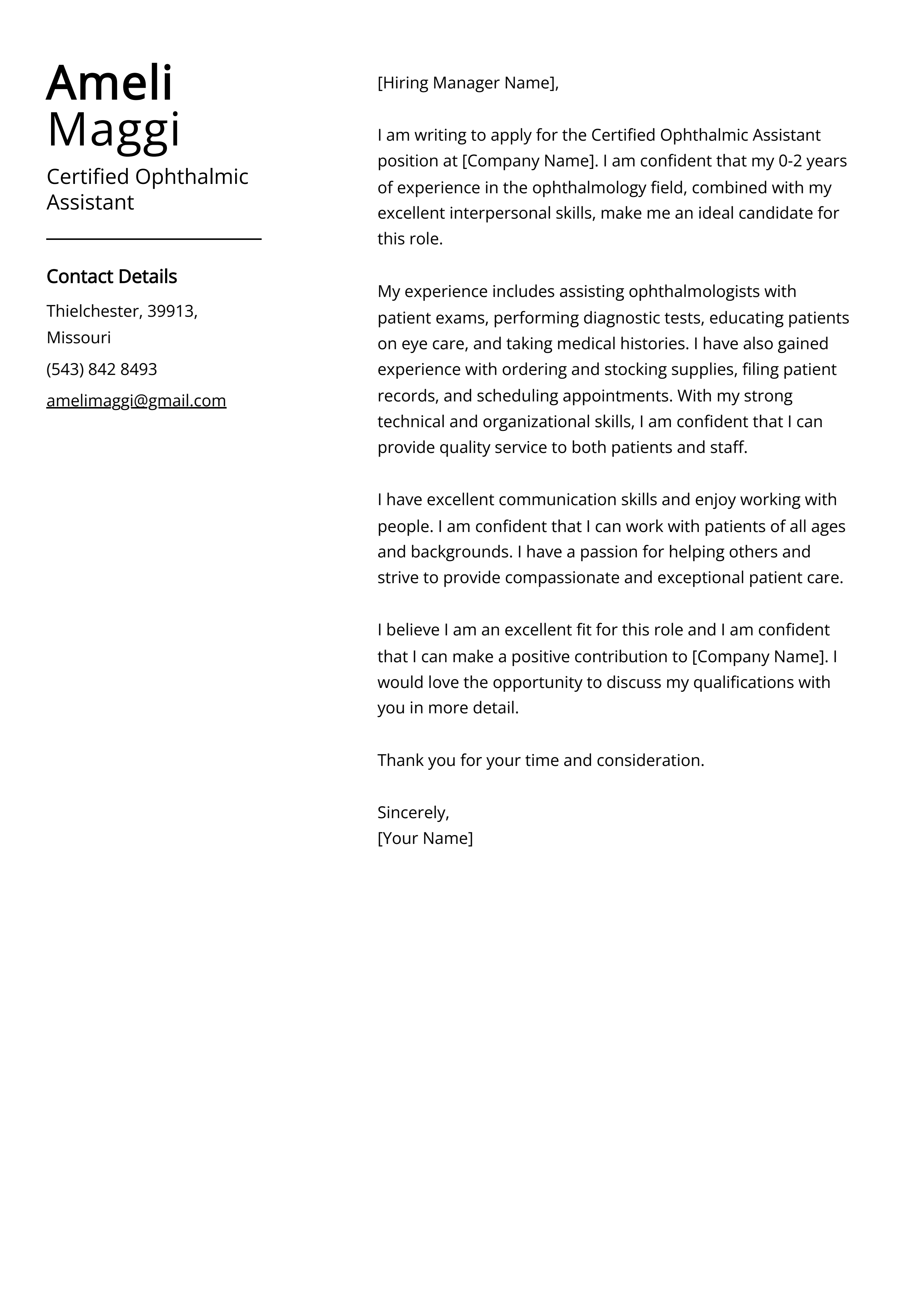 Certified Ophthalmic Assistant Cover Letter Example