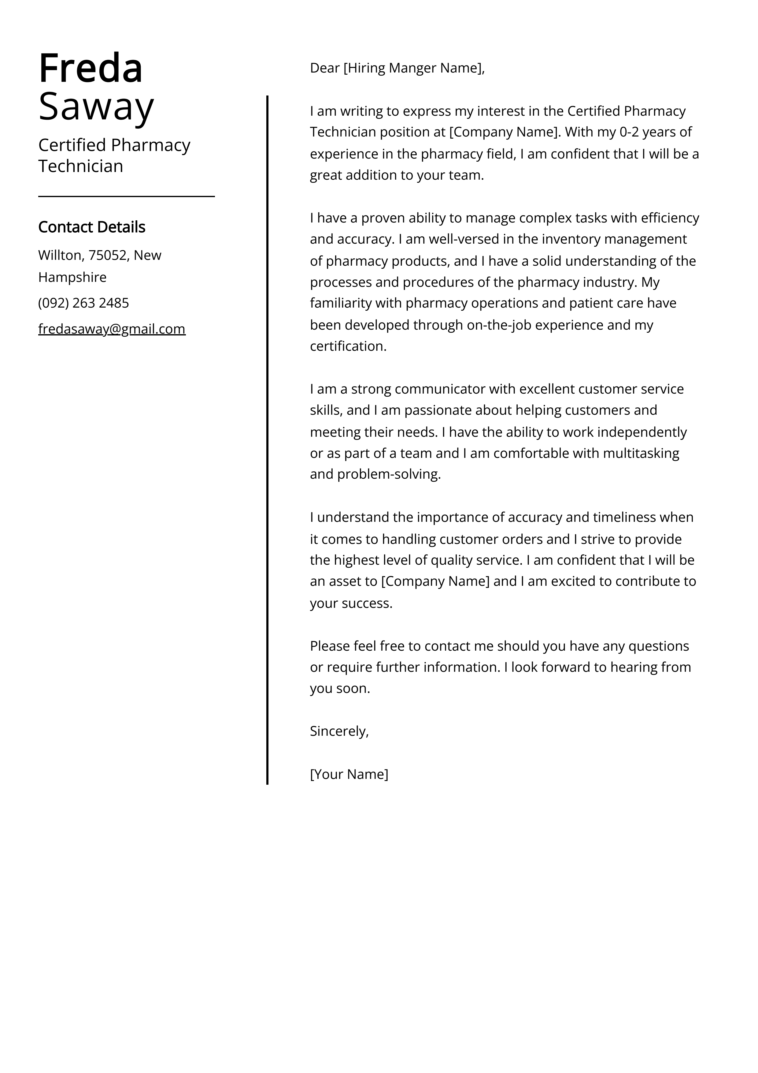 Certified Pharmacy Technician Cover Letter Example
