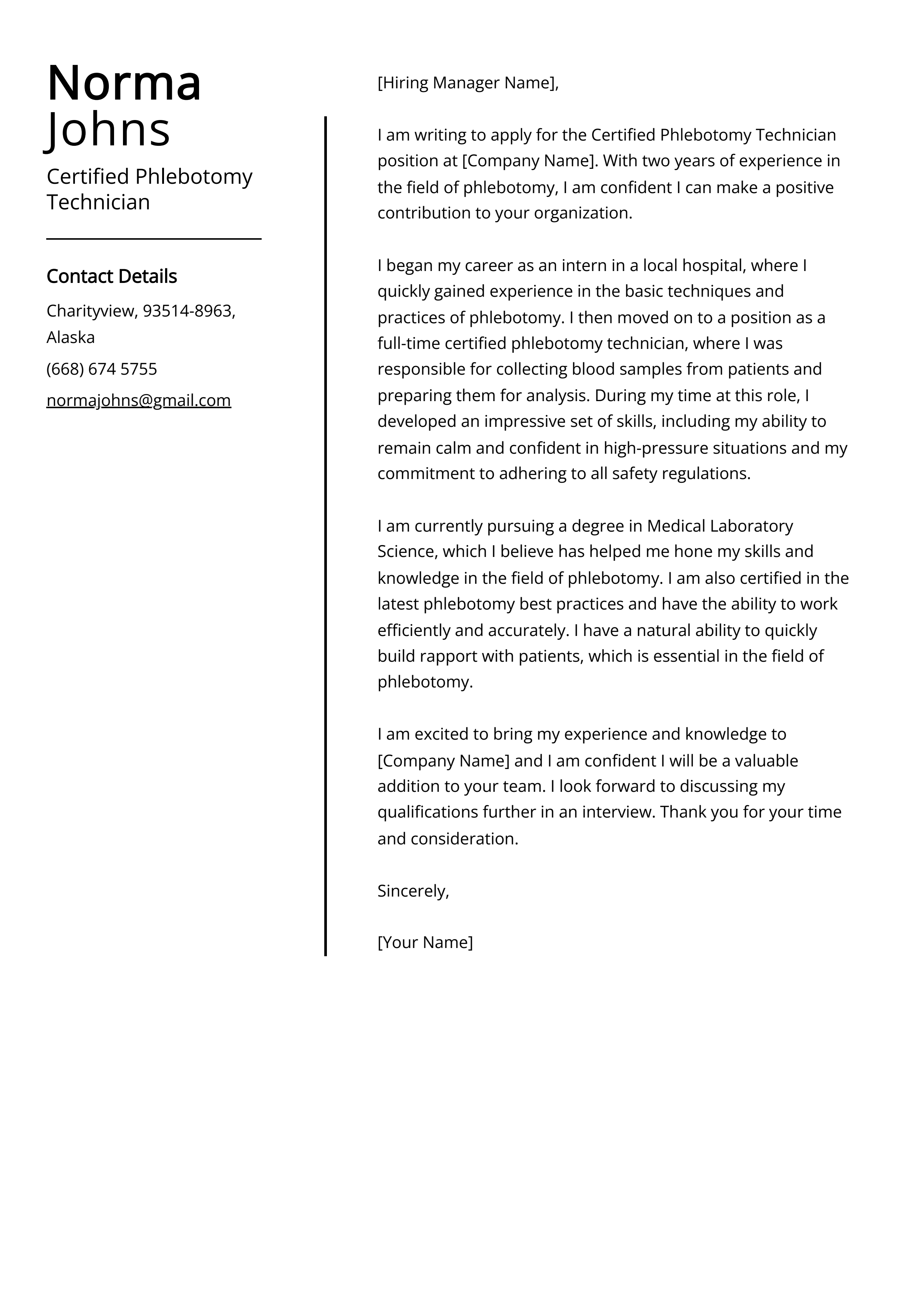 Certified Phlebotomy Technician Cover Letter Example