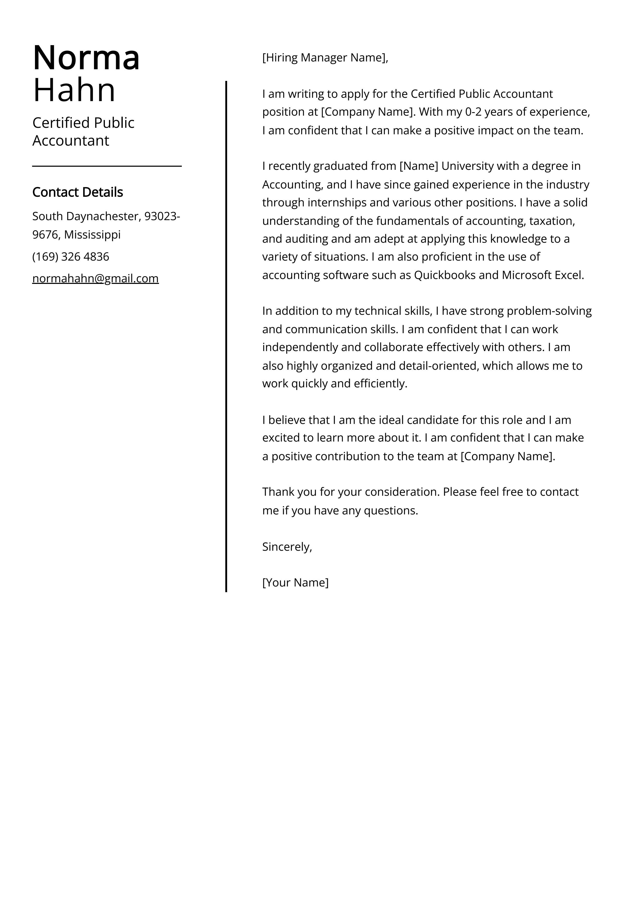 Certified Public Accountant Cover Letter Example