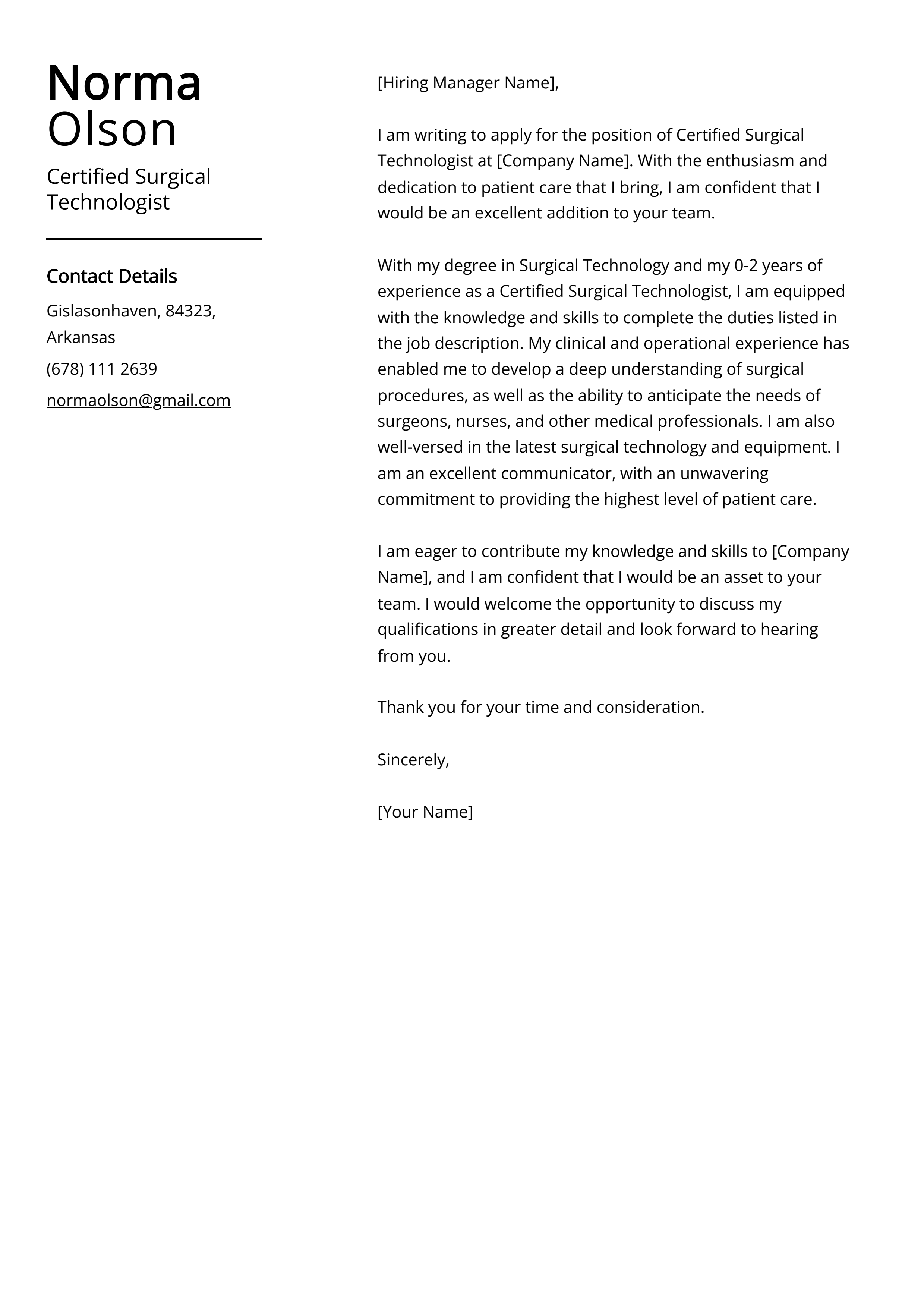 Certified Surgical Technologist Cover Letter Example