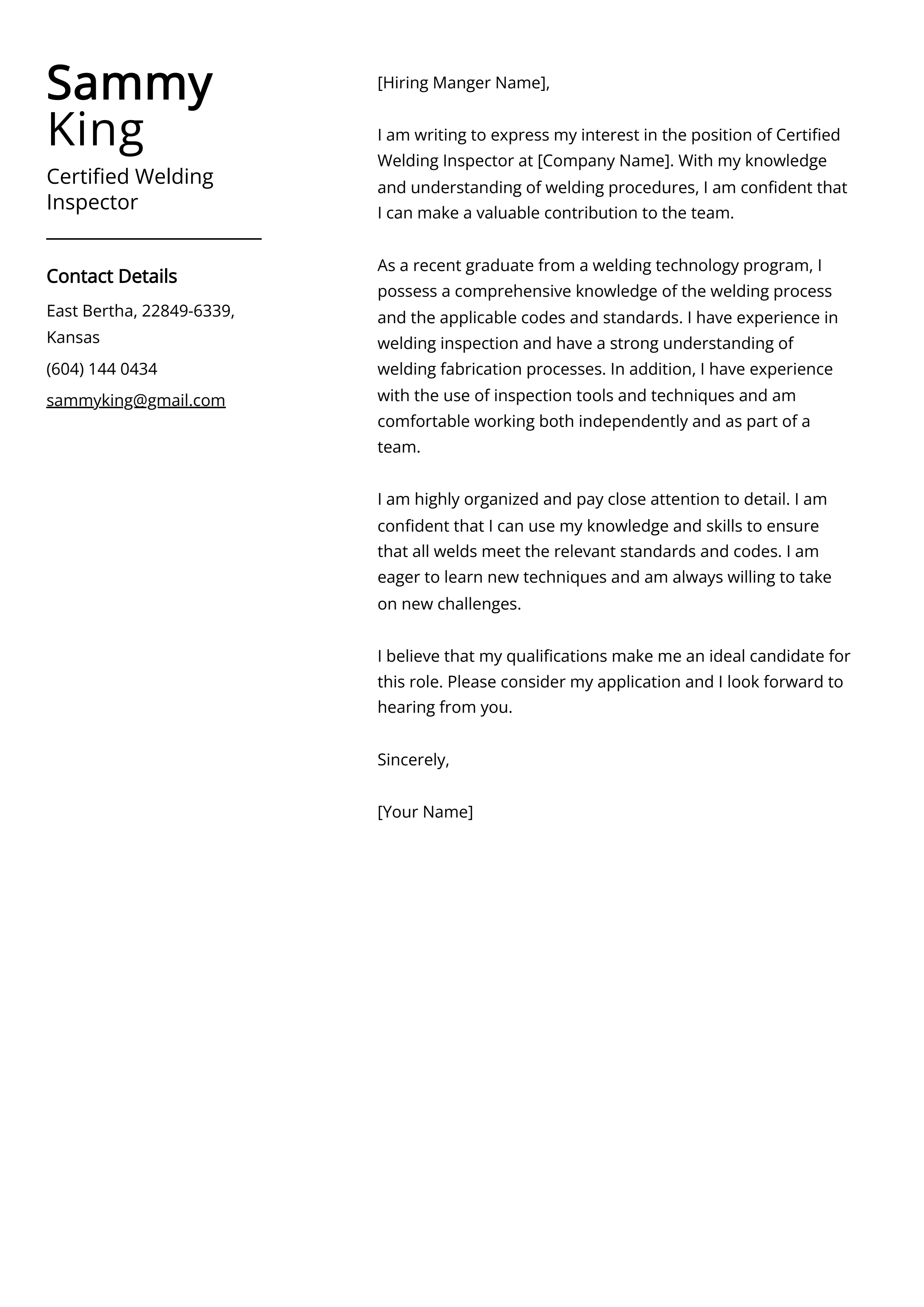 Certified Welding Inspector Cover Letter Example