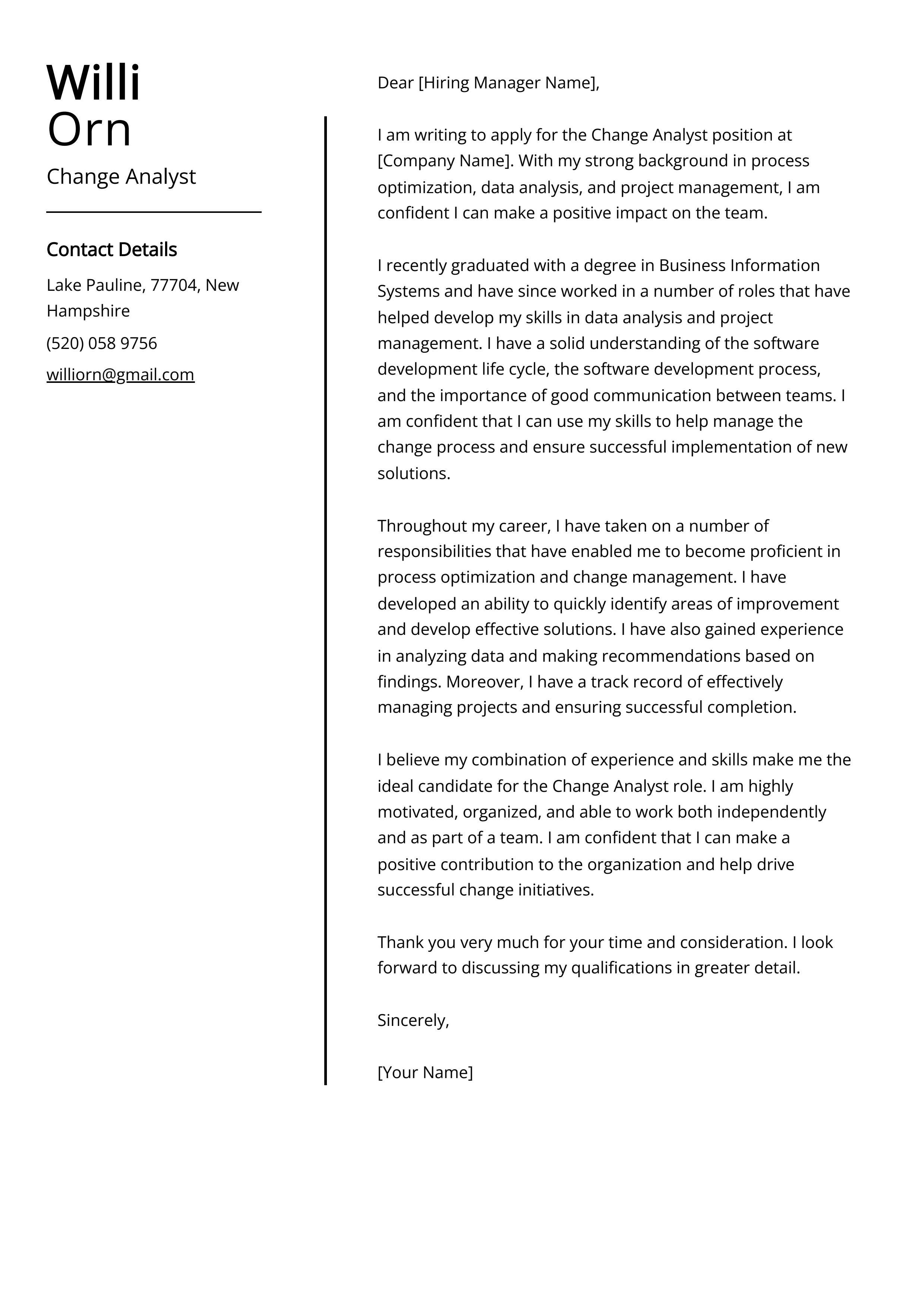Change Analyst Cover Letter Example