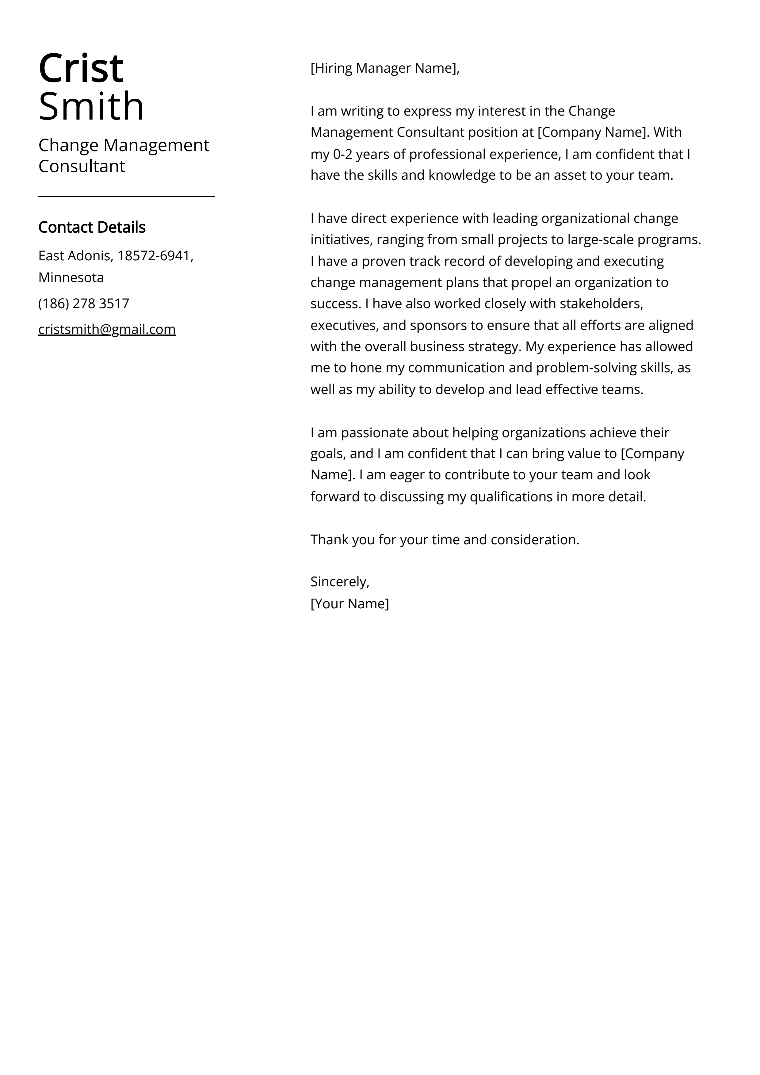 Change Management Consultant Cover Letter Example