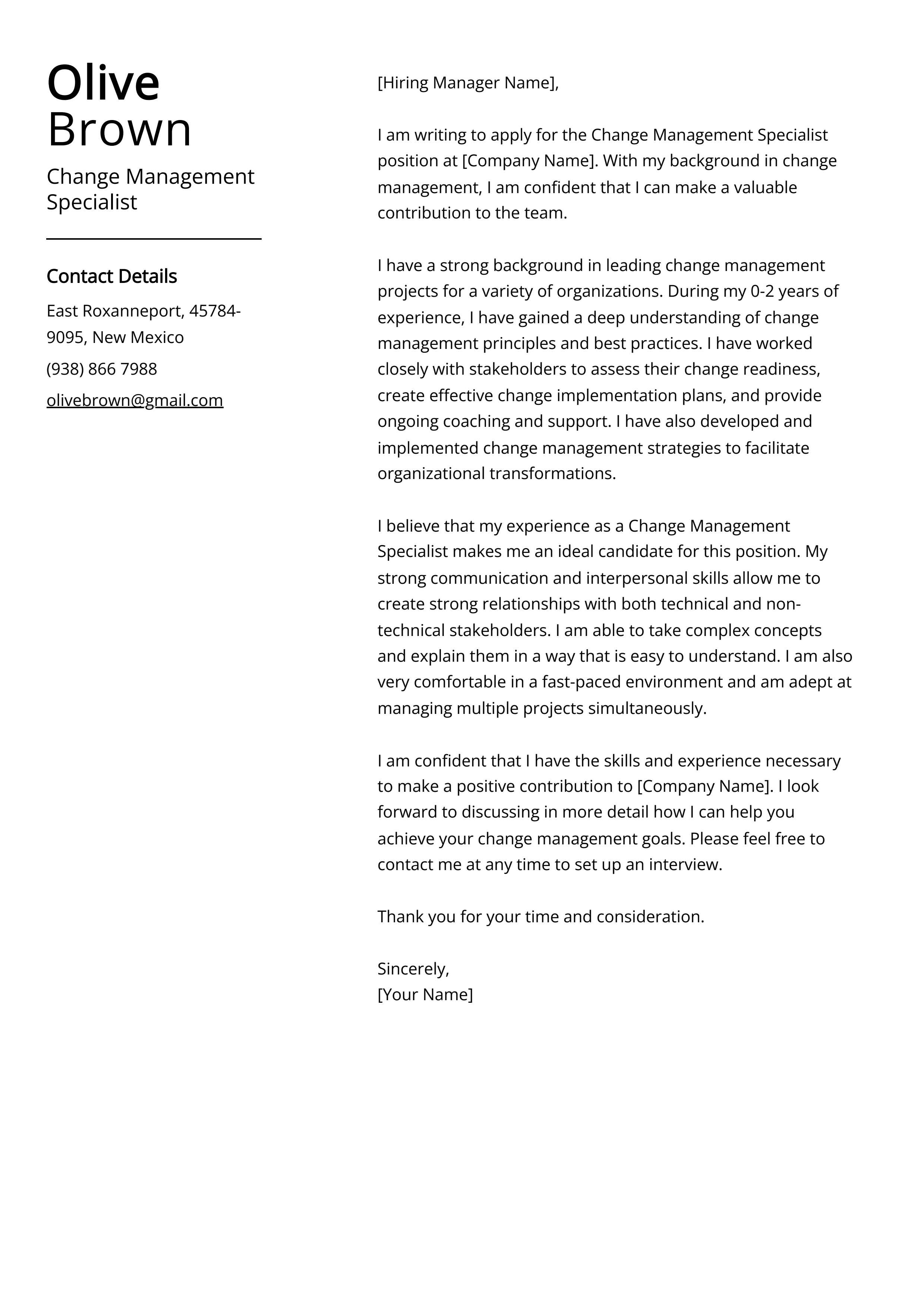 Change Management Specialist Cover Letter Example