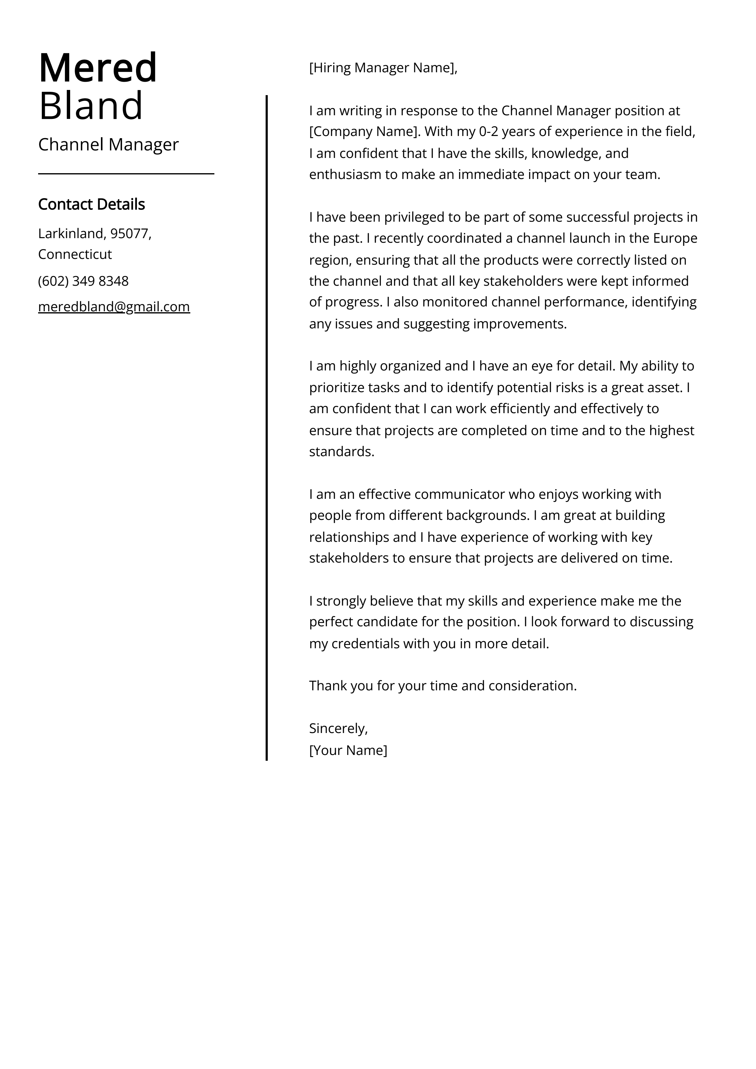 Channel Manager Cover Letter Example