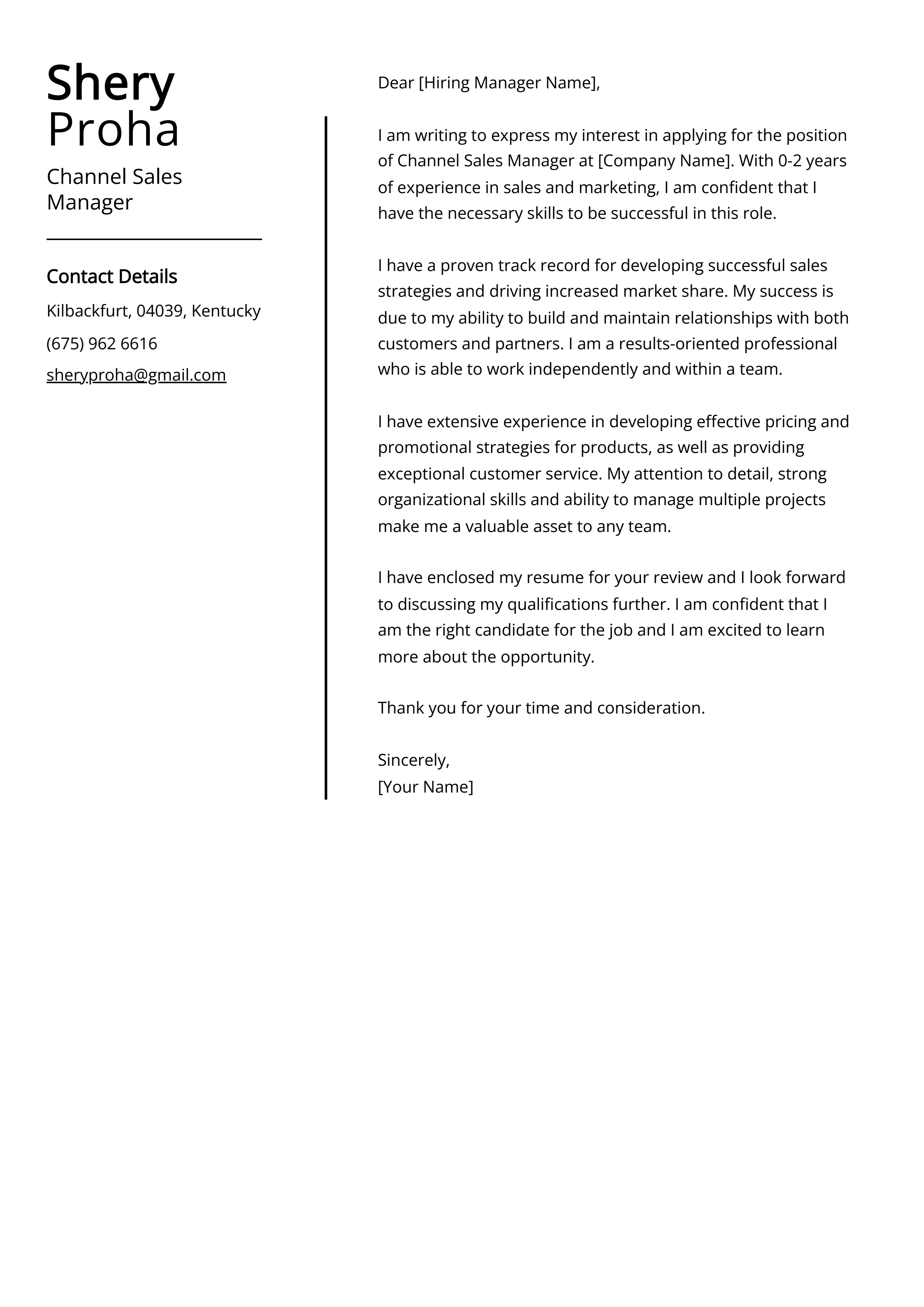 Channel Sales Manager Cover Letter Example