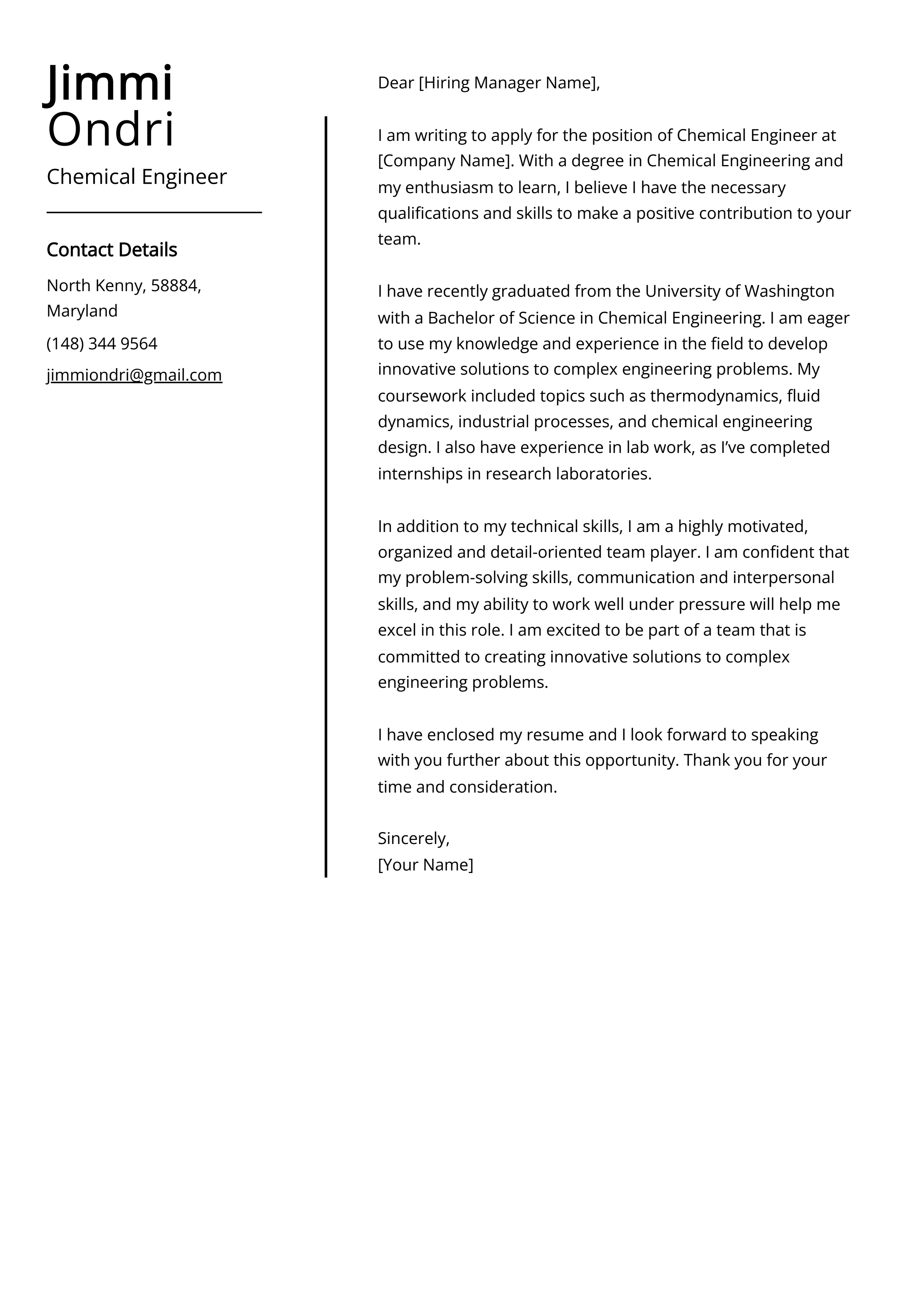 Chemical Engineer Cover Letter Example