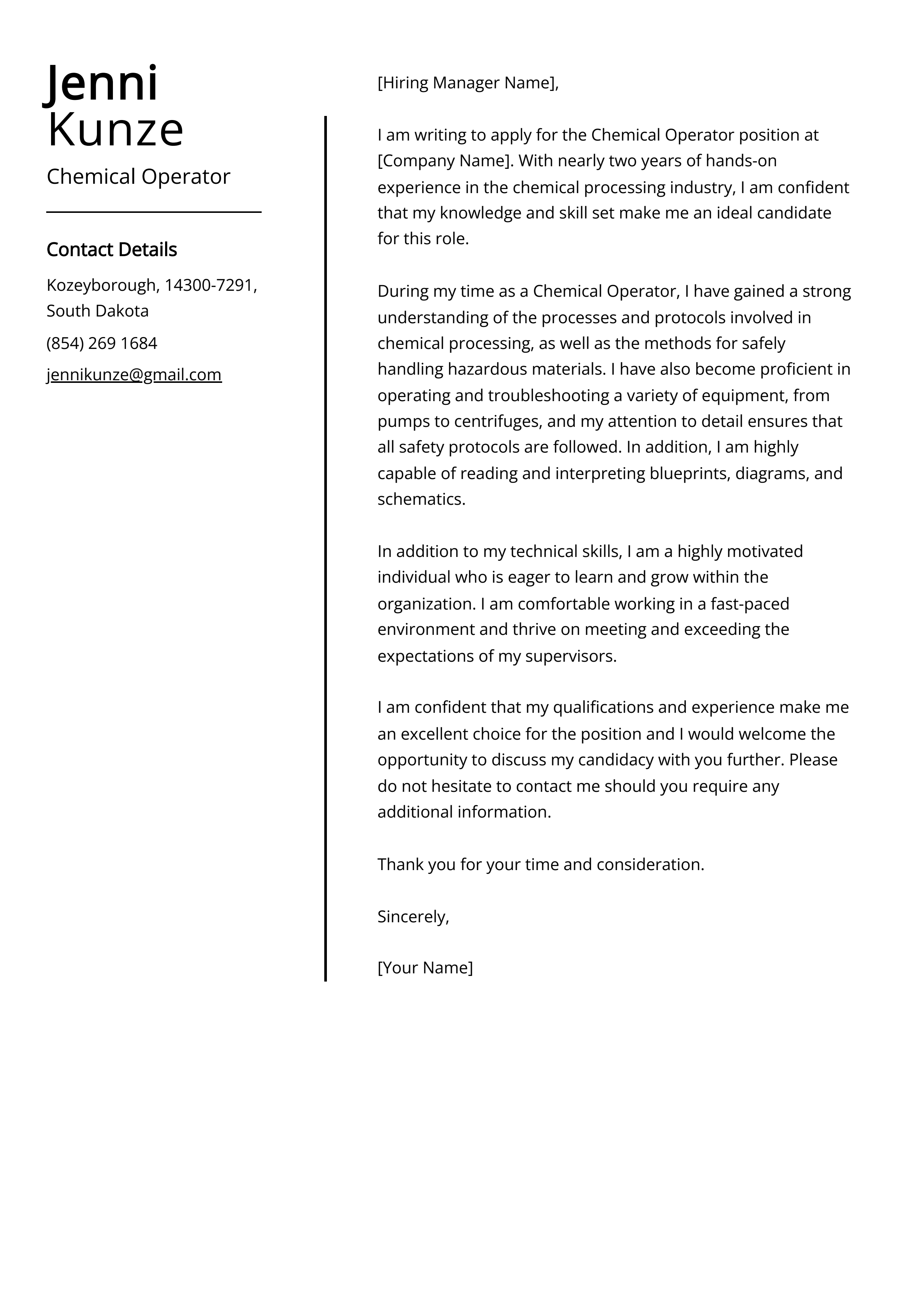 Chemical Operator Cover Letter Example