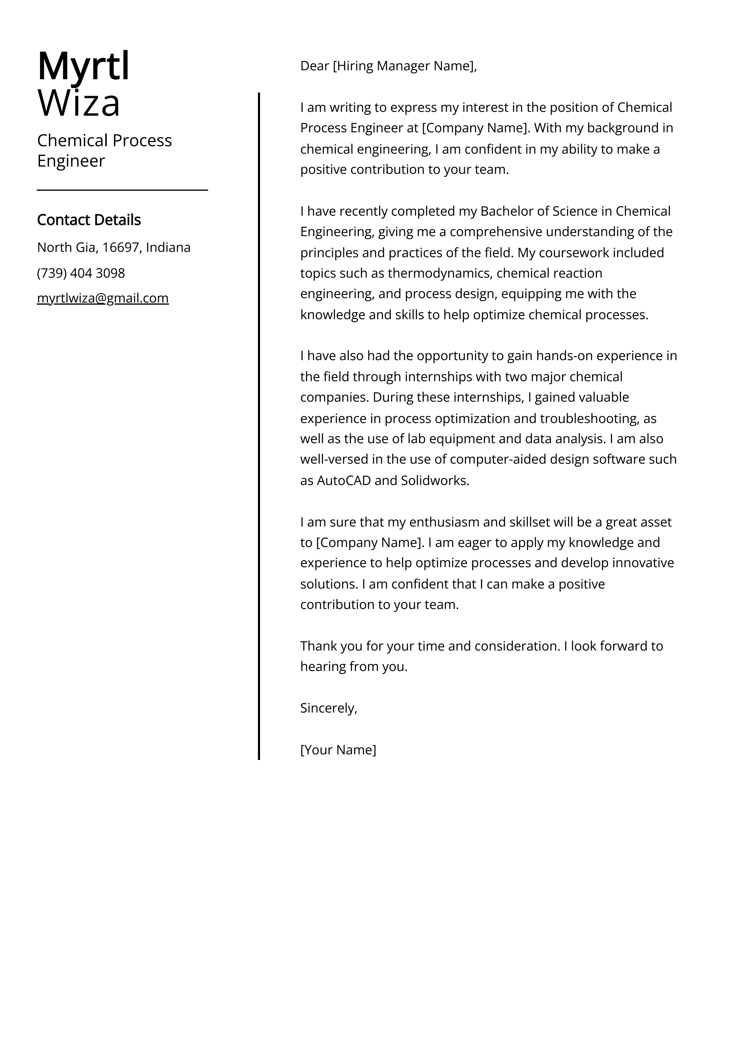 Chemical Process Engineer Cover Letter Example