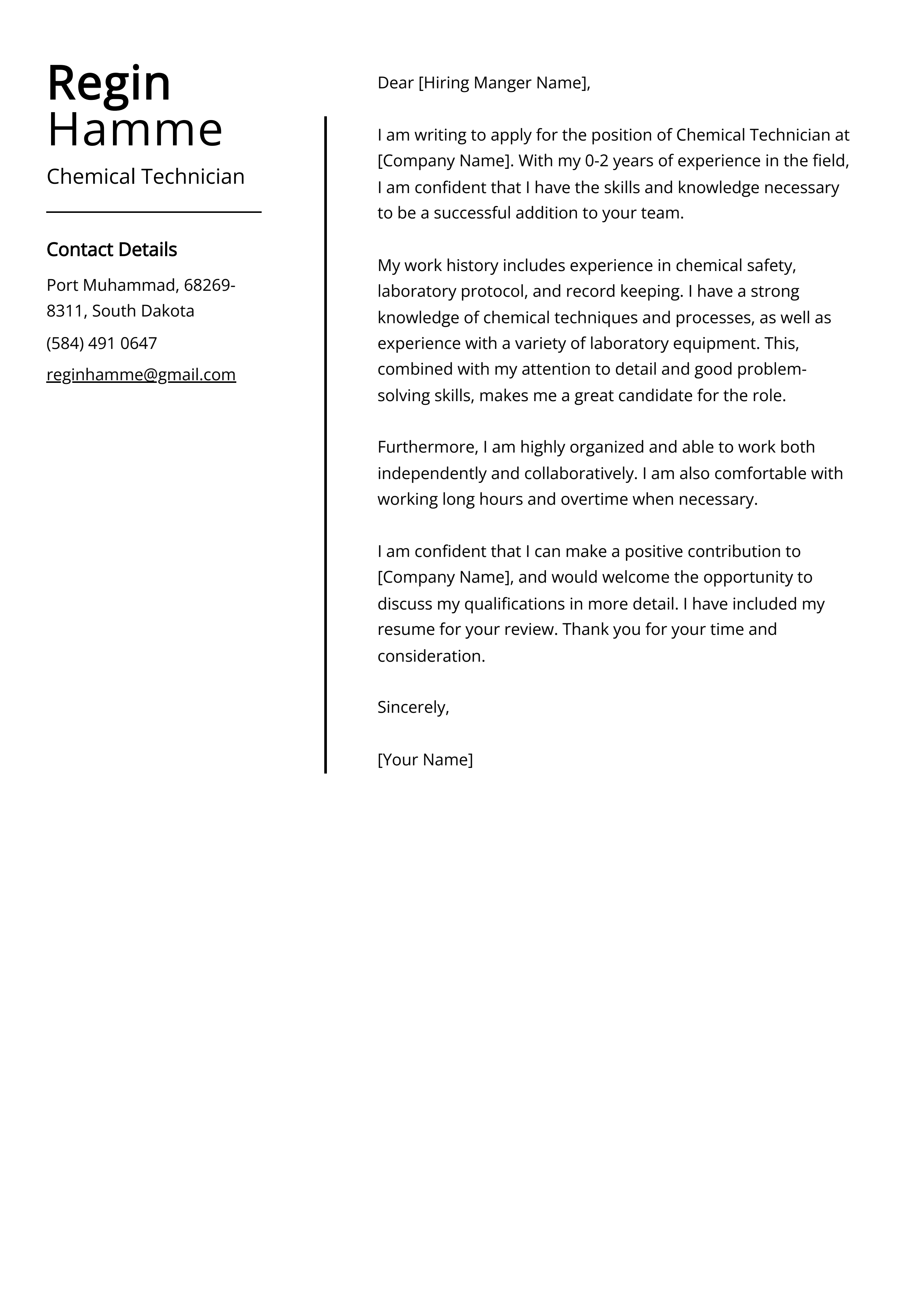 Chemical Technician Cover Letter Example