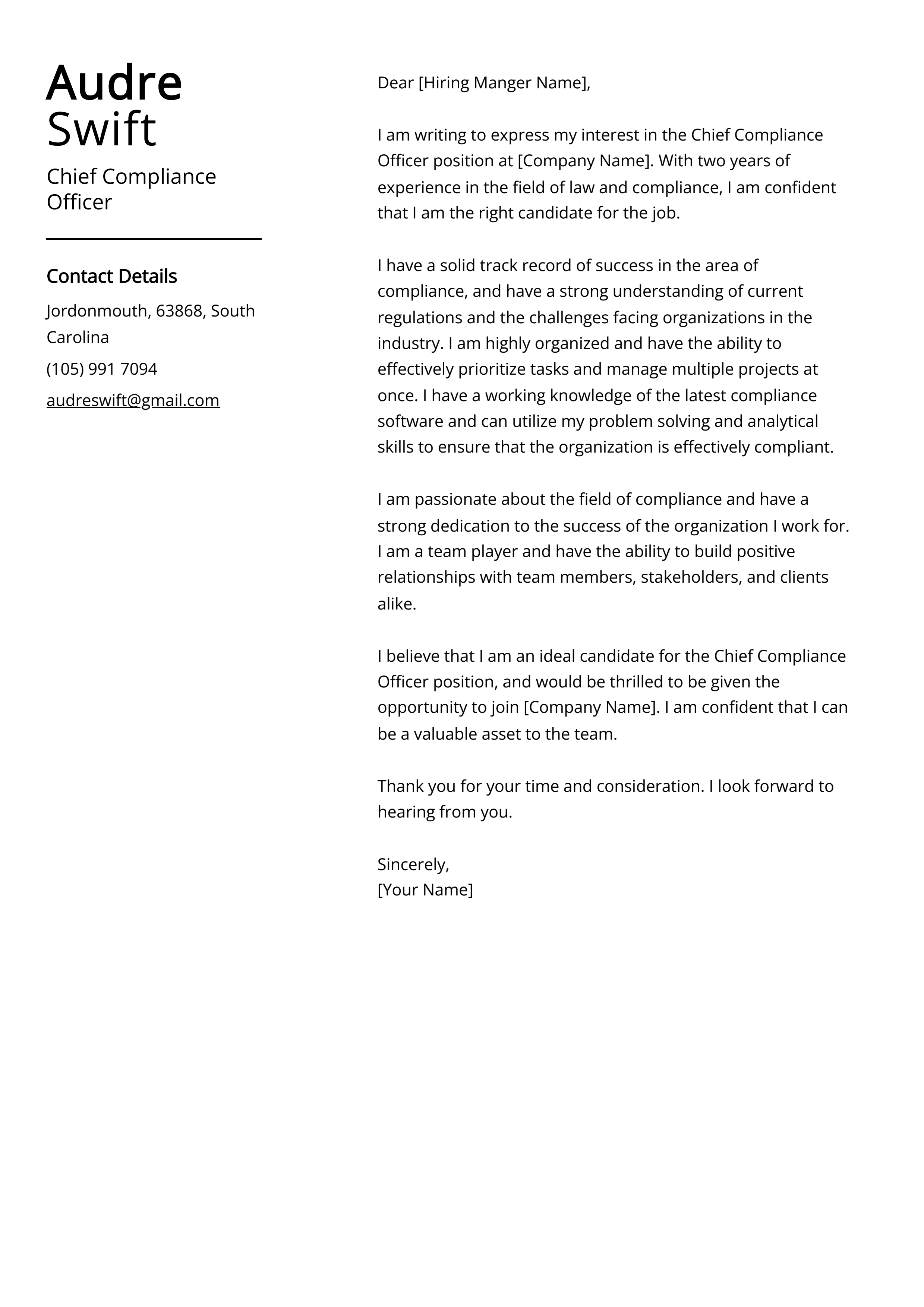 Chief Compliance Officer Cover Letter Example