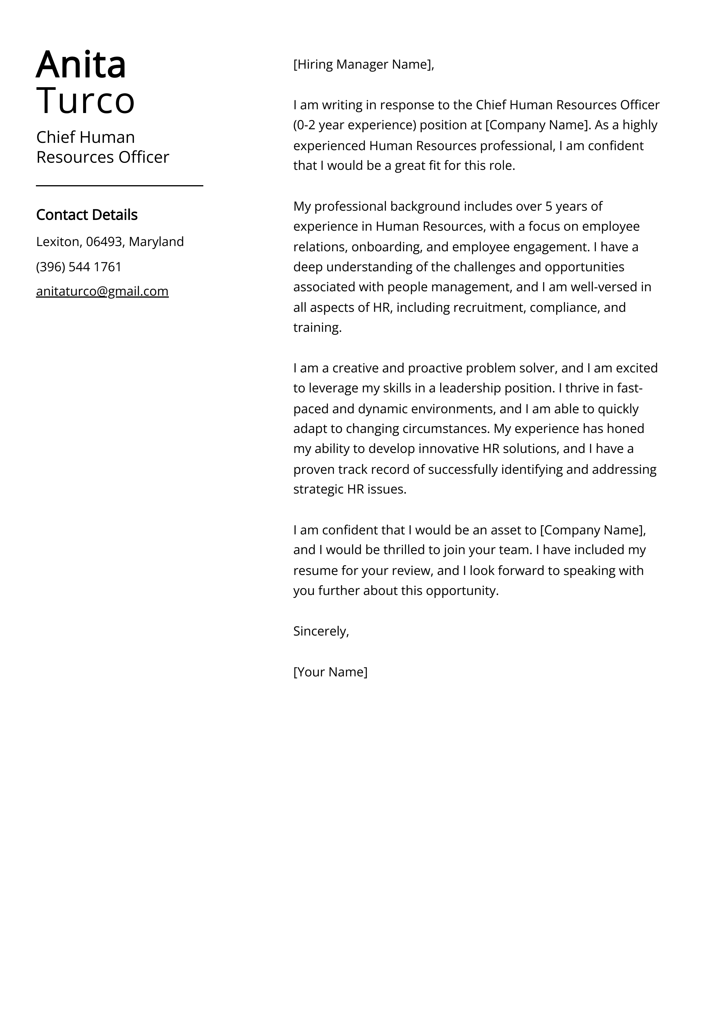 Chief Human Resources Officer Cover Letter Example
