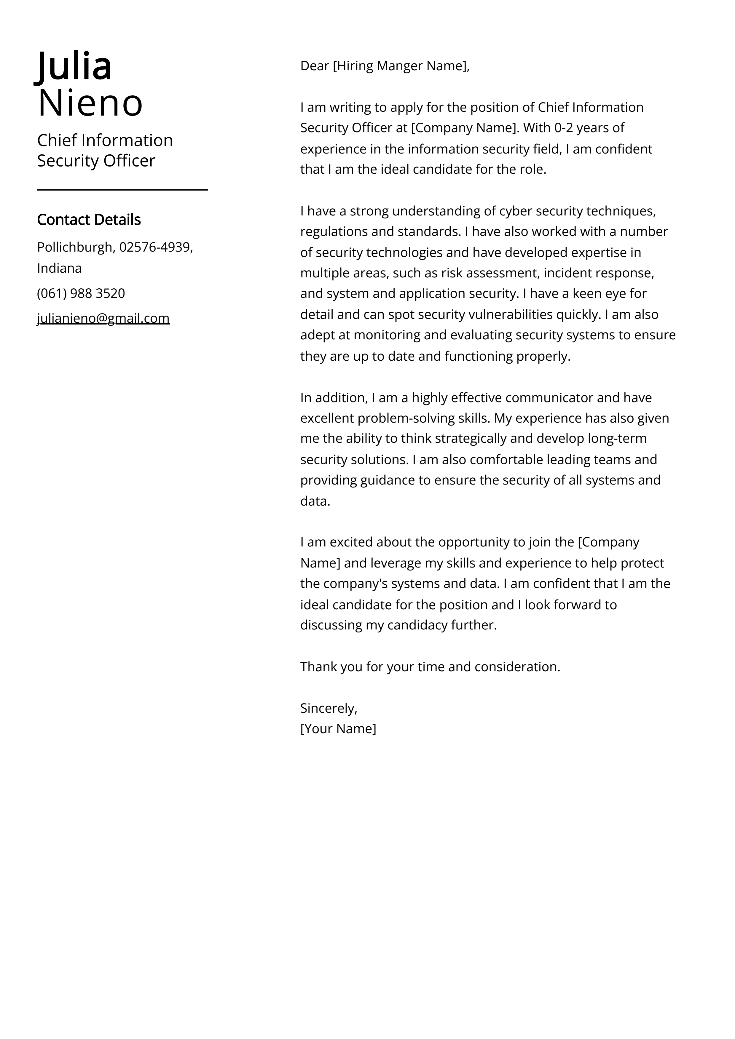 Chief Information Security Officer Cover Letter Example