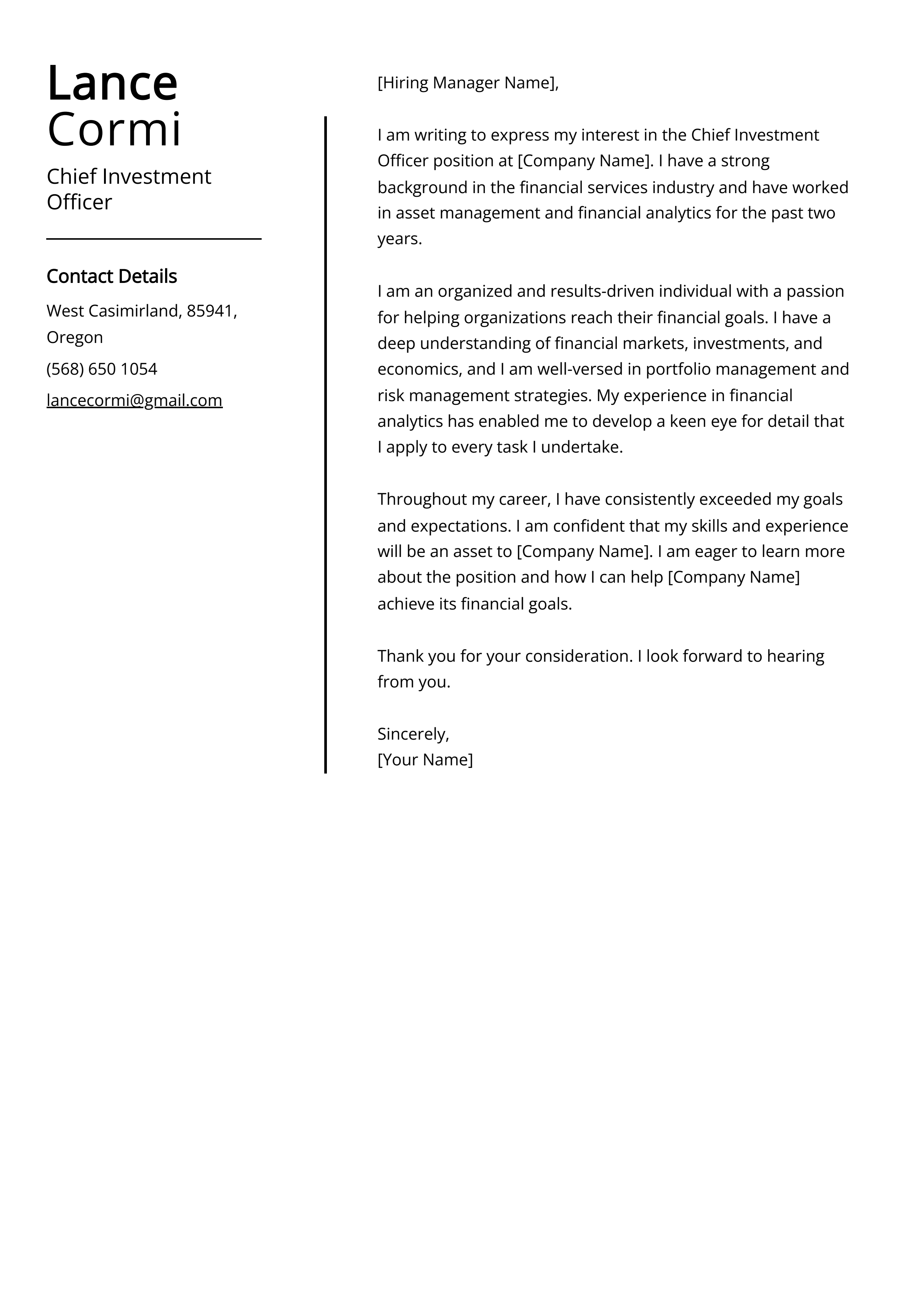 Chief Investment Officer Cover Letter Example