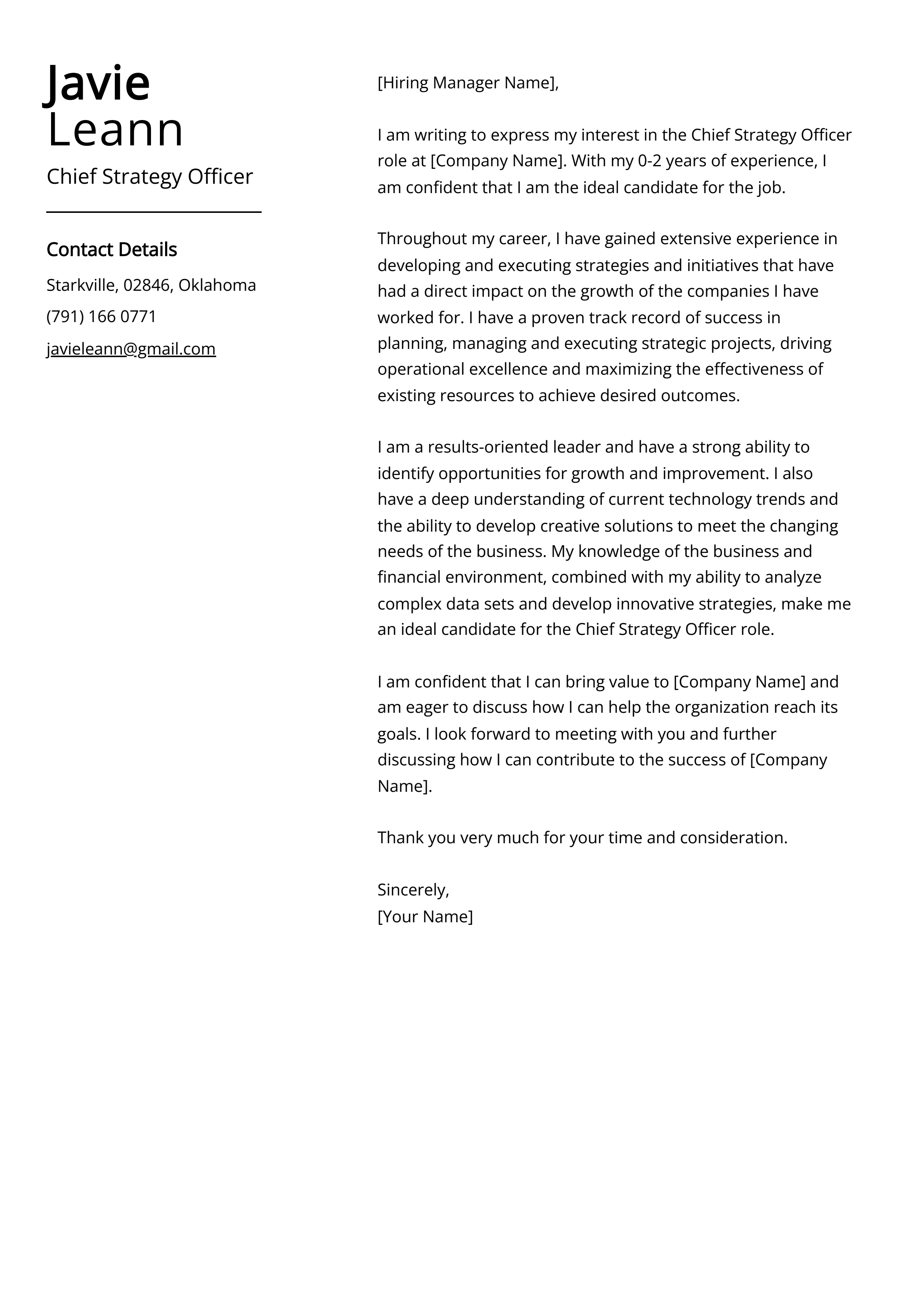Chief Strategy Officer Cover Letter Example