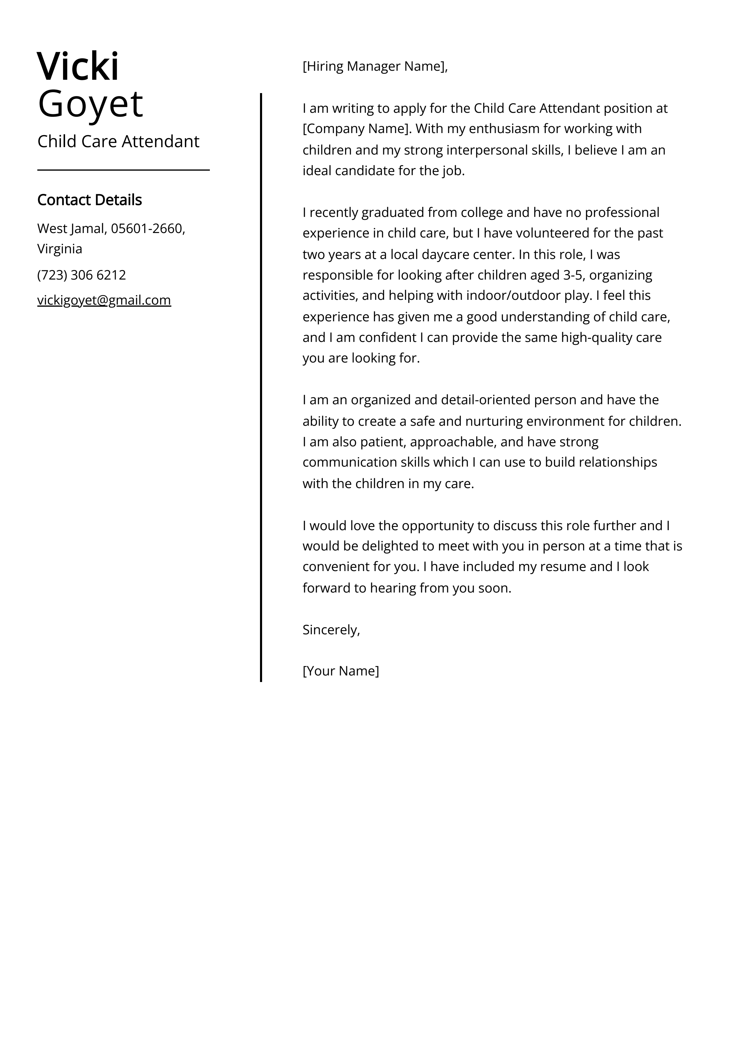 Child Care Attendant Cover Letter Example