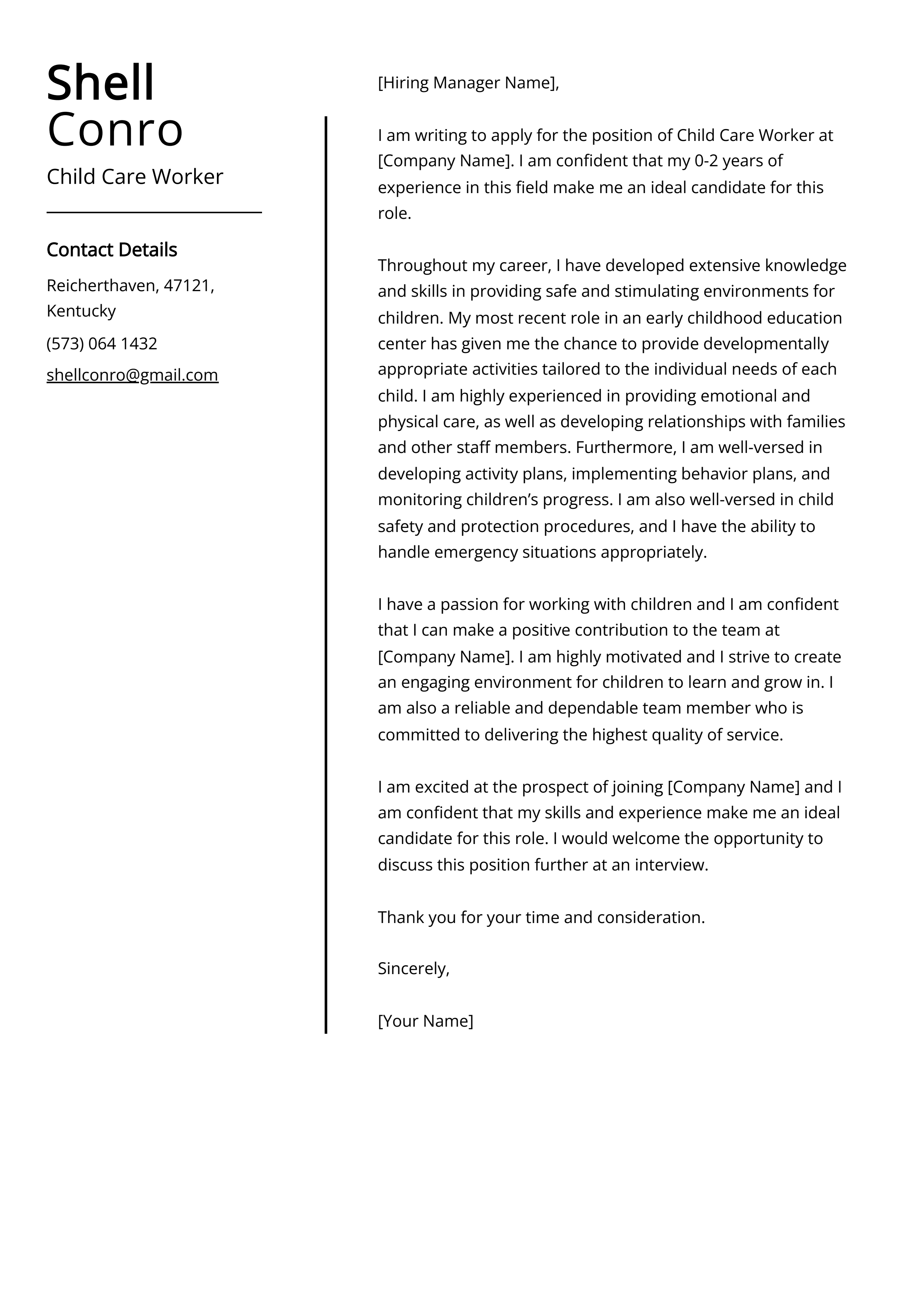 Child Care Worker Cover Letter Example