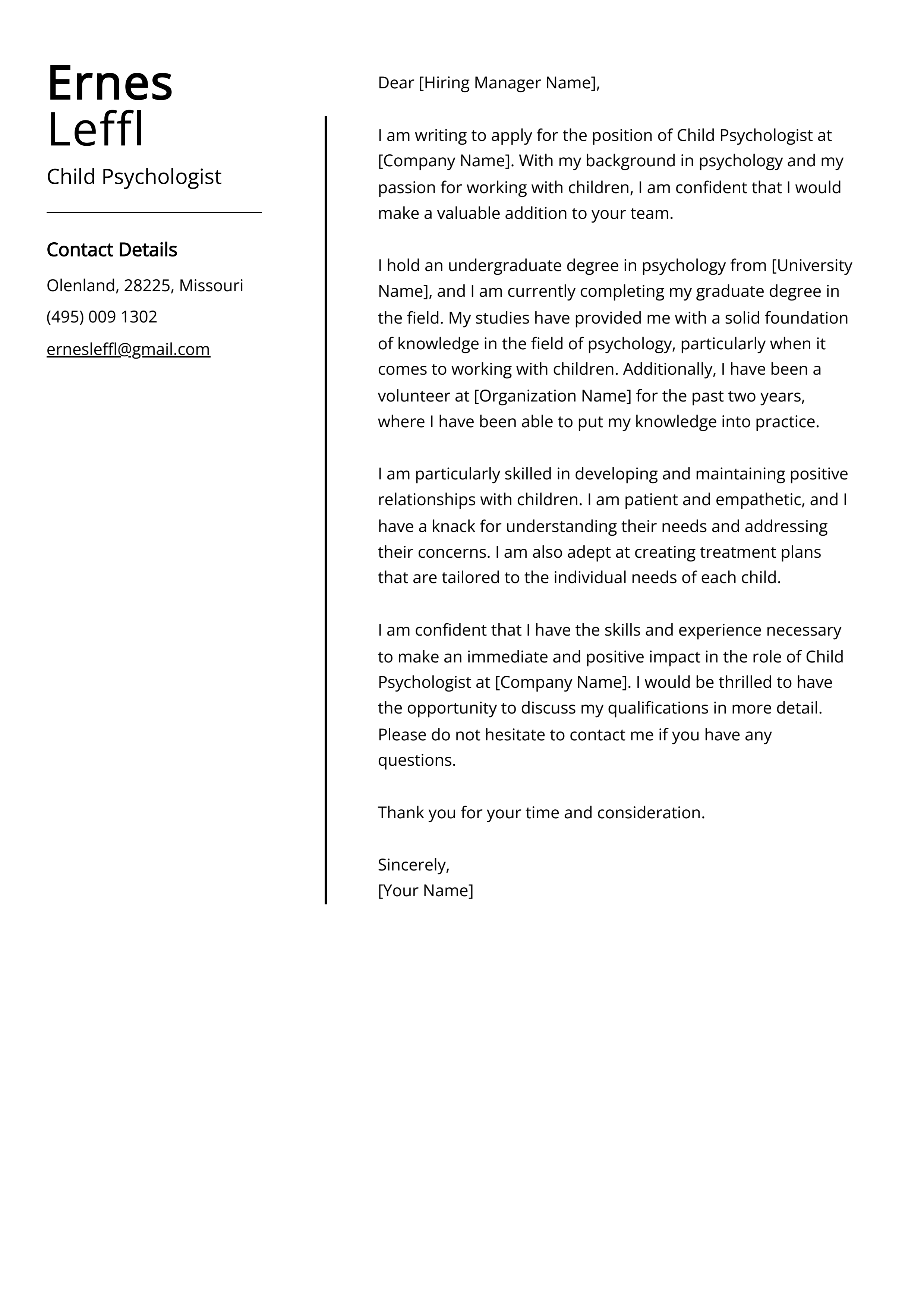 Child Psychologist Cover Letter Example