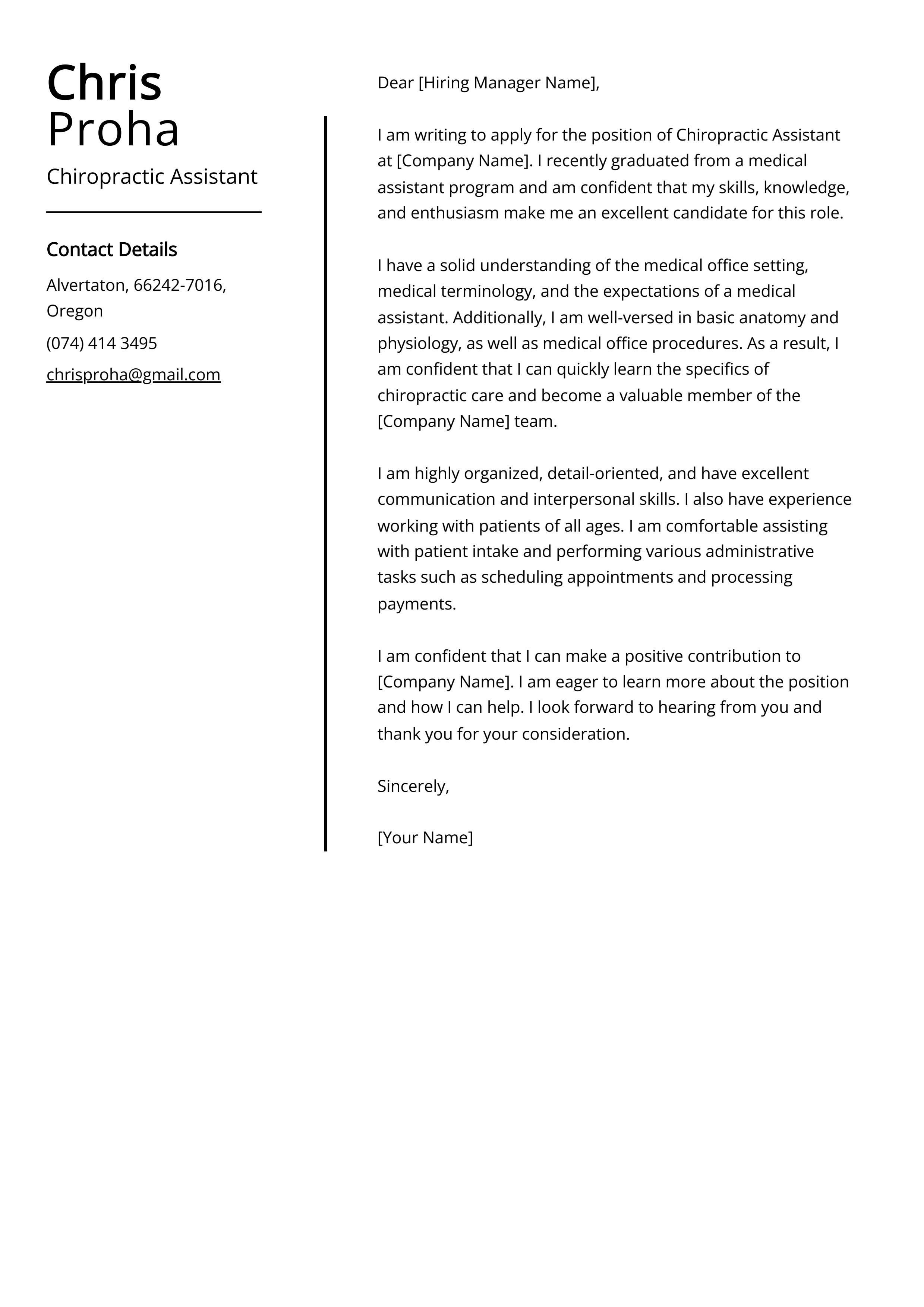 Chiropractic Assistant Cover Letter Example