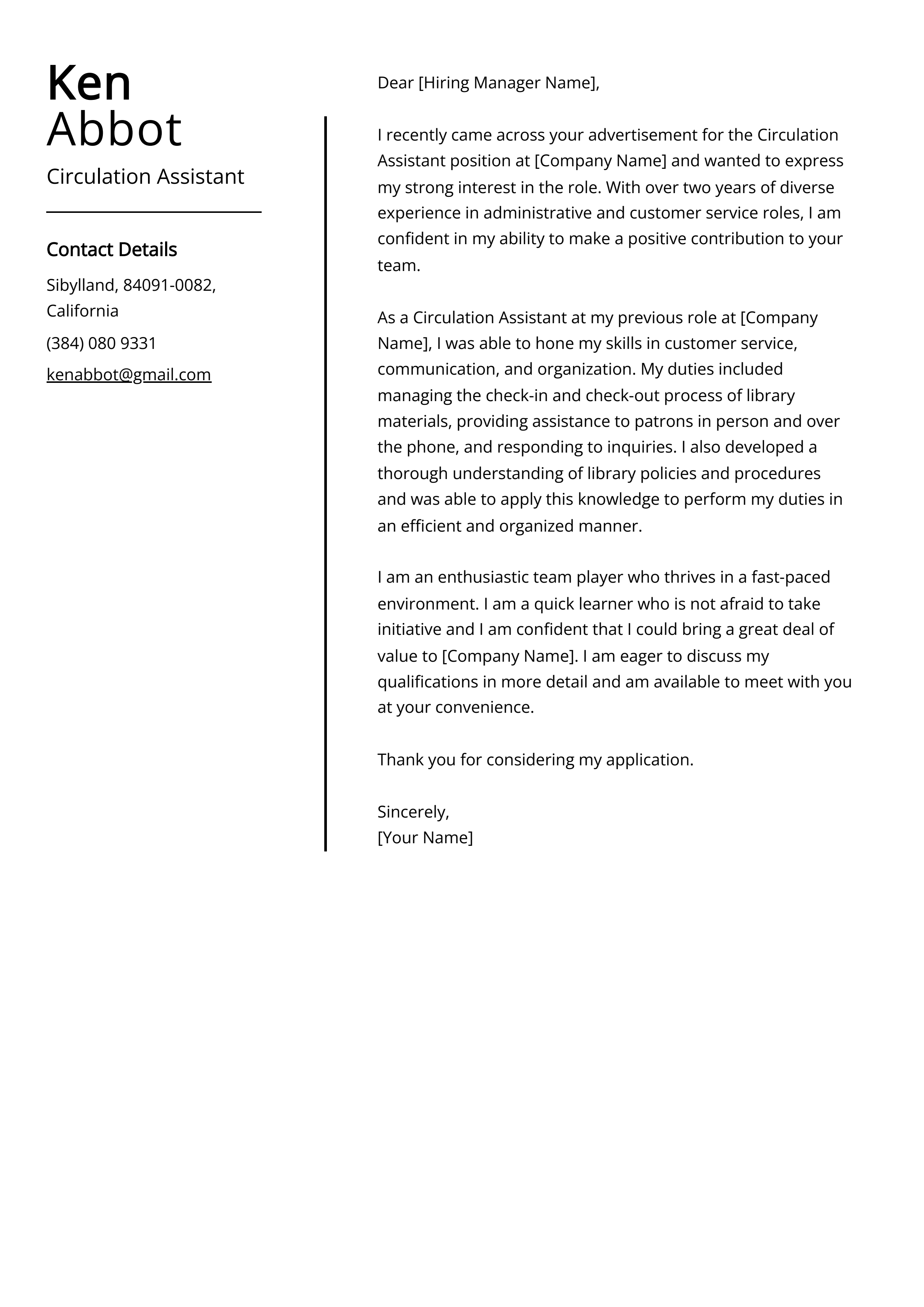 Circulation Assistant Cover Letter Example