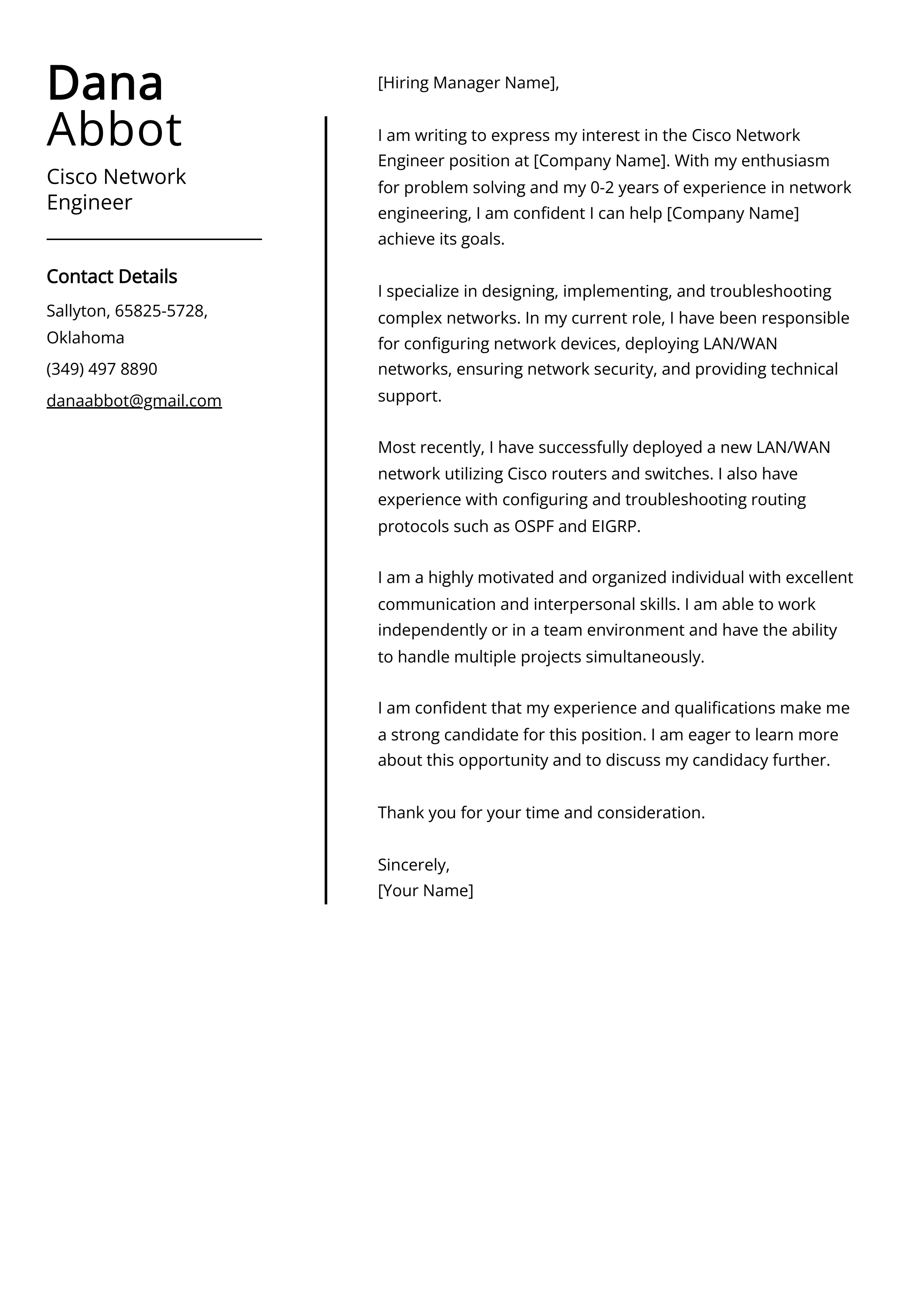 Cisco Network Engineer Cover Letter Example