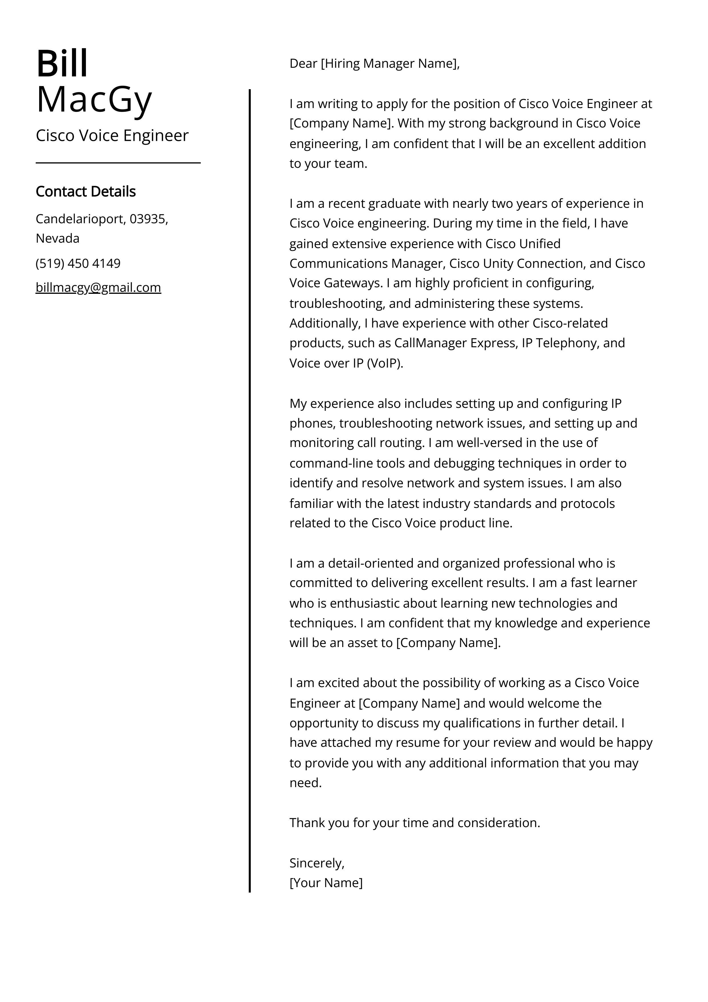 Cisco Voice Engineer Cover Letter Example