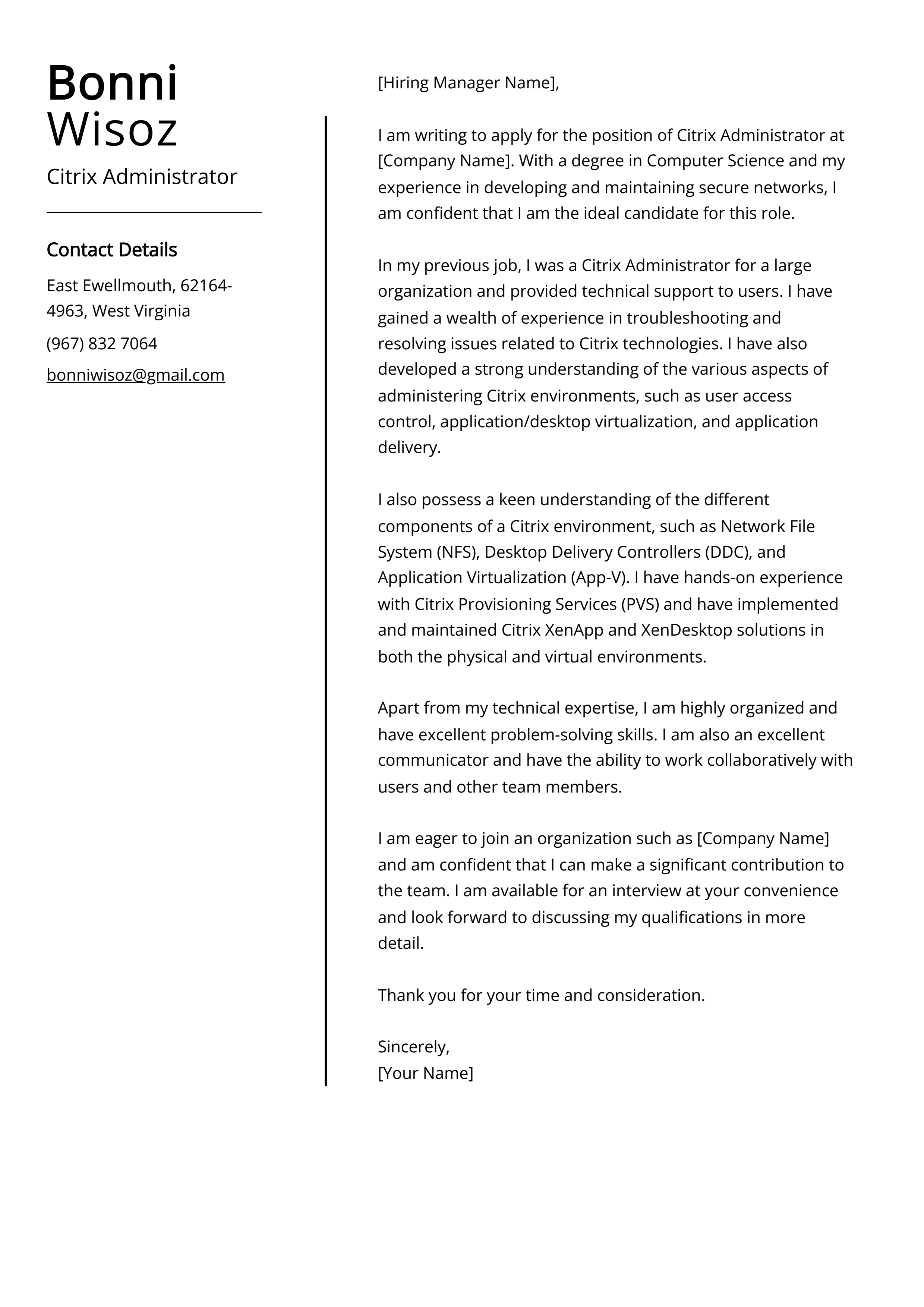 Citrix Administrator Cover Letter Example