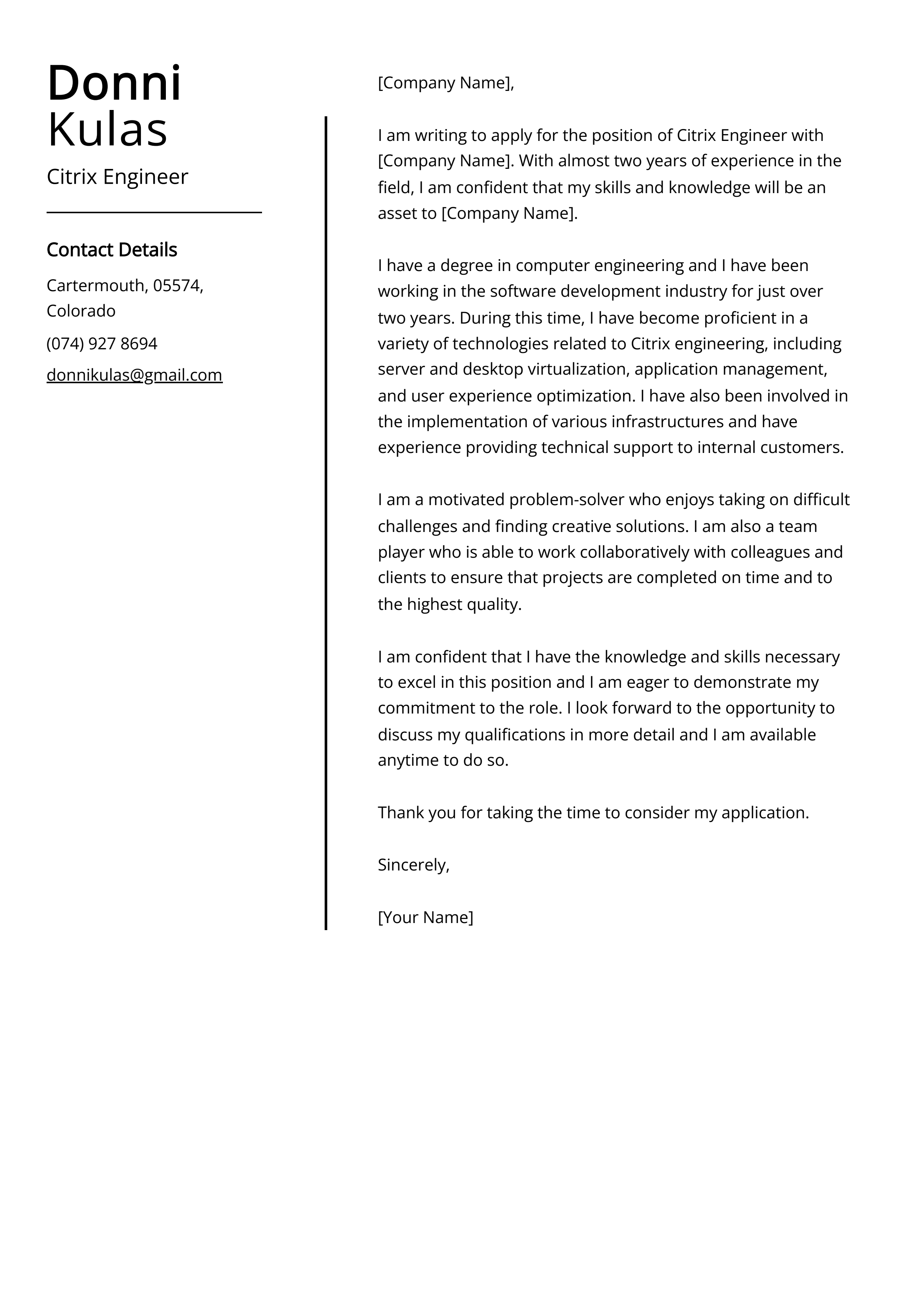 Citrix Engineer Cover Letter Example