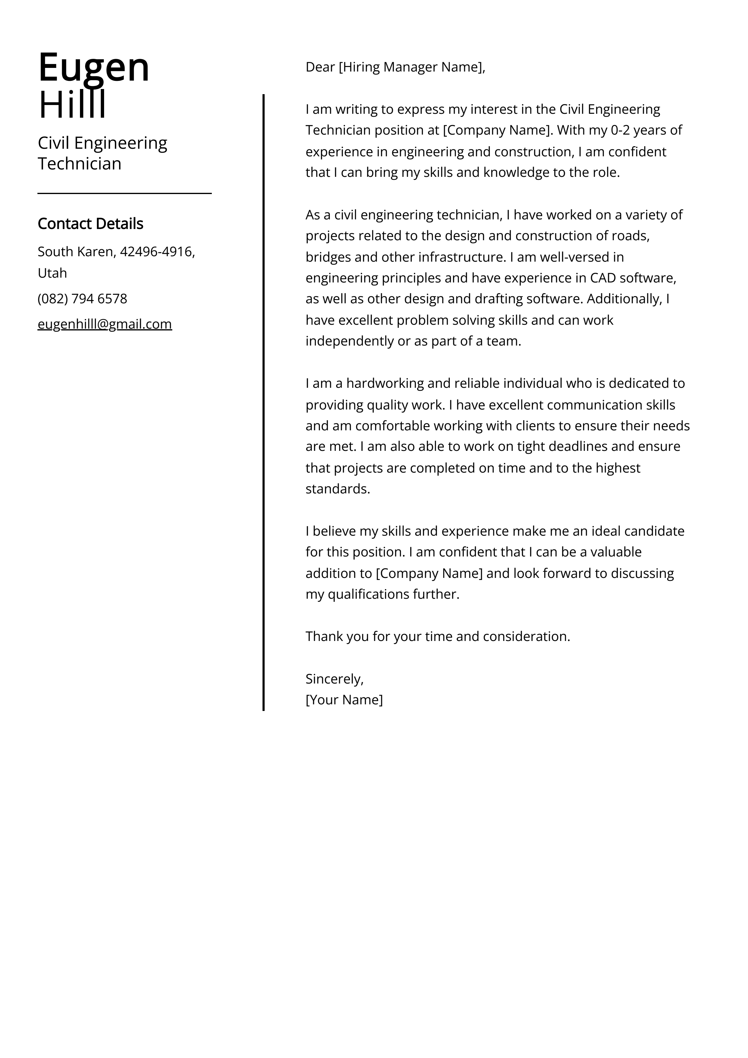 Civil Engineering Technician Cover Letter Example