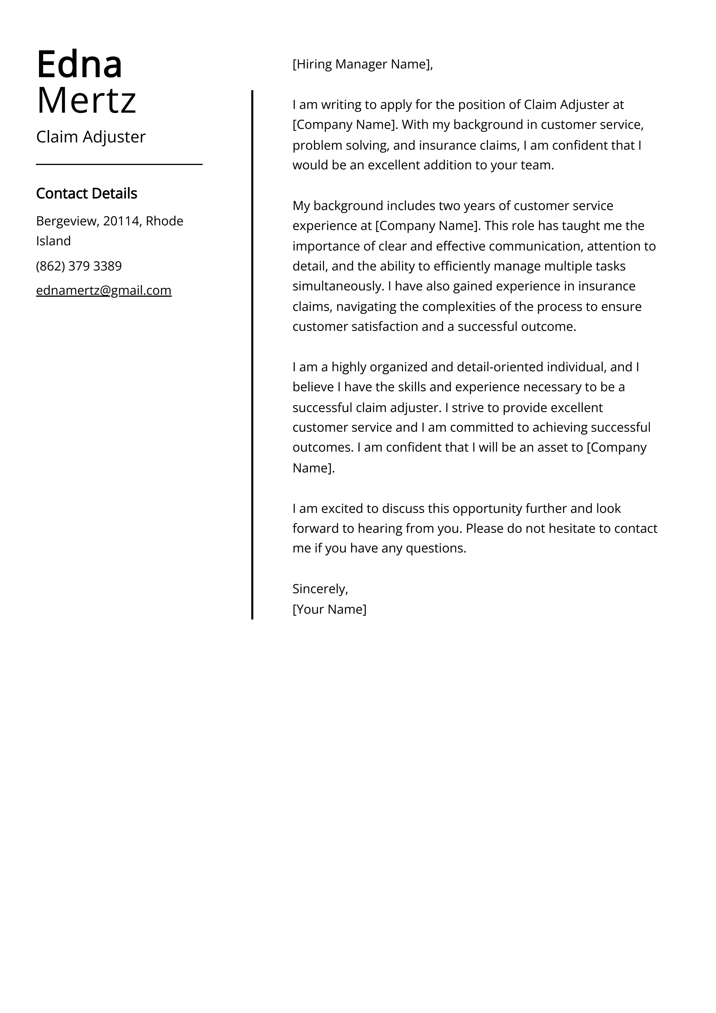Claim Adjuster Cover Letter Example