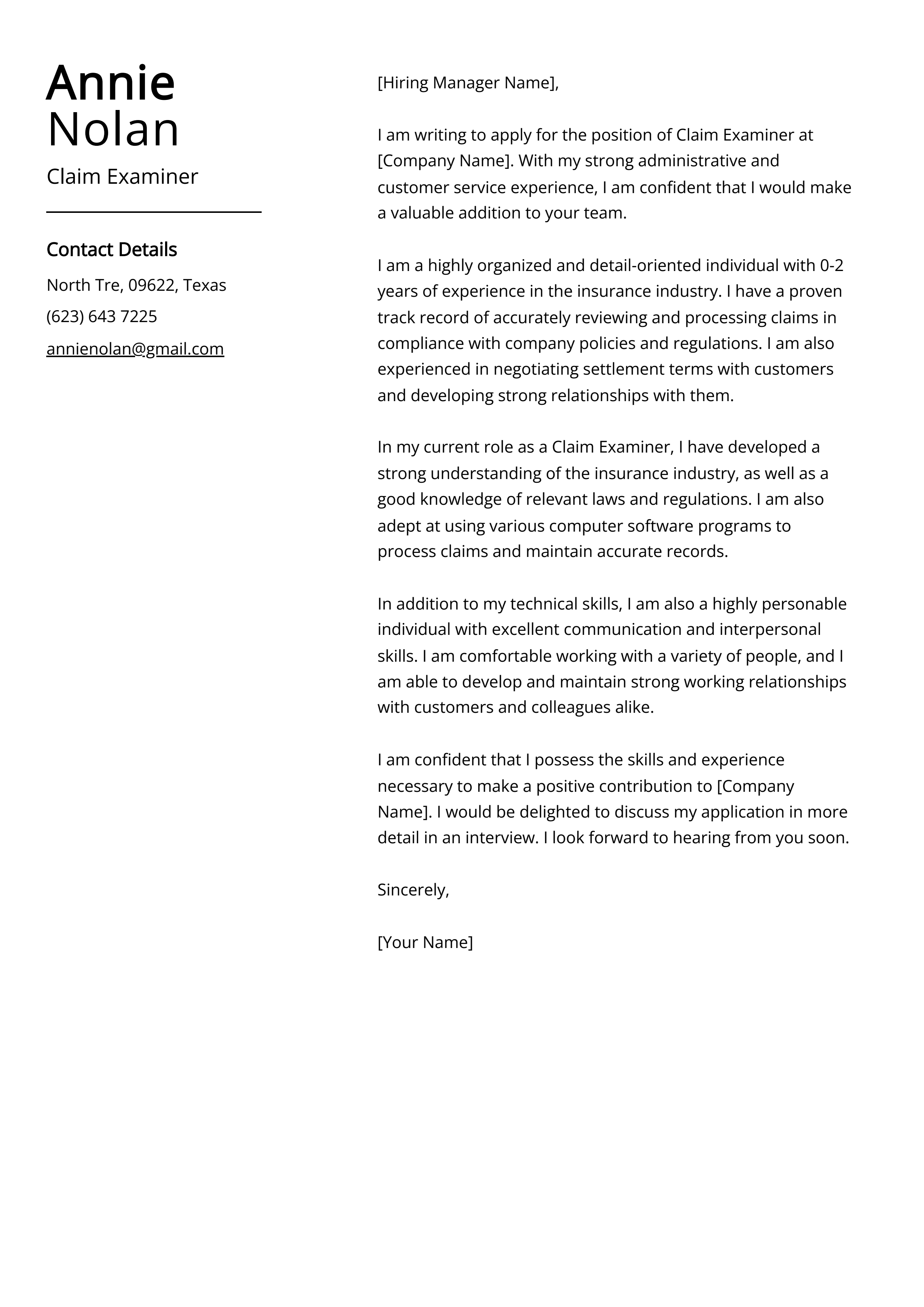 Claim Examiner Cover Letter Example
