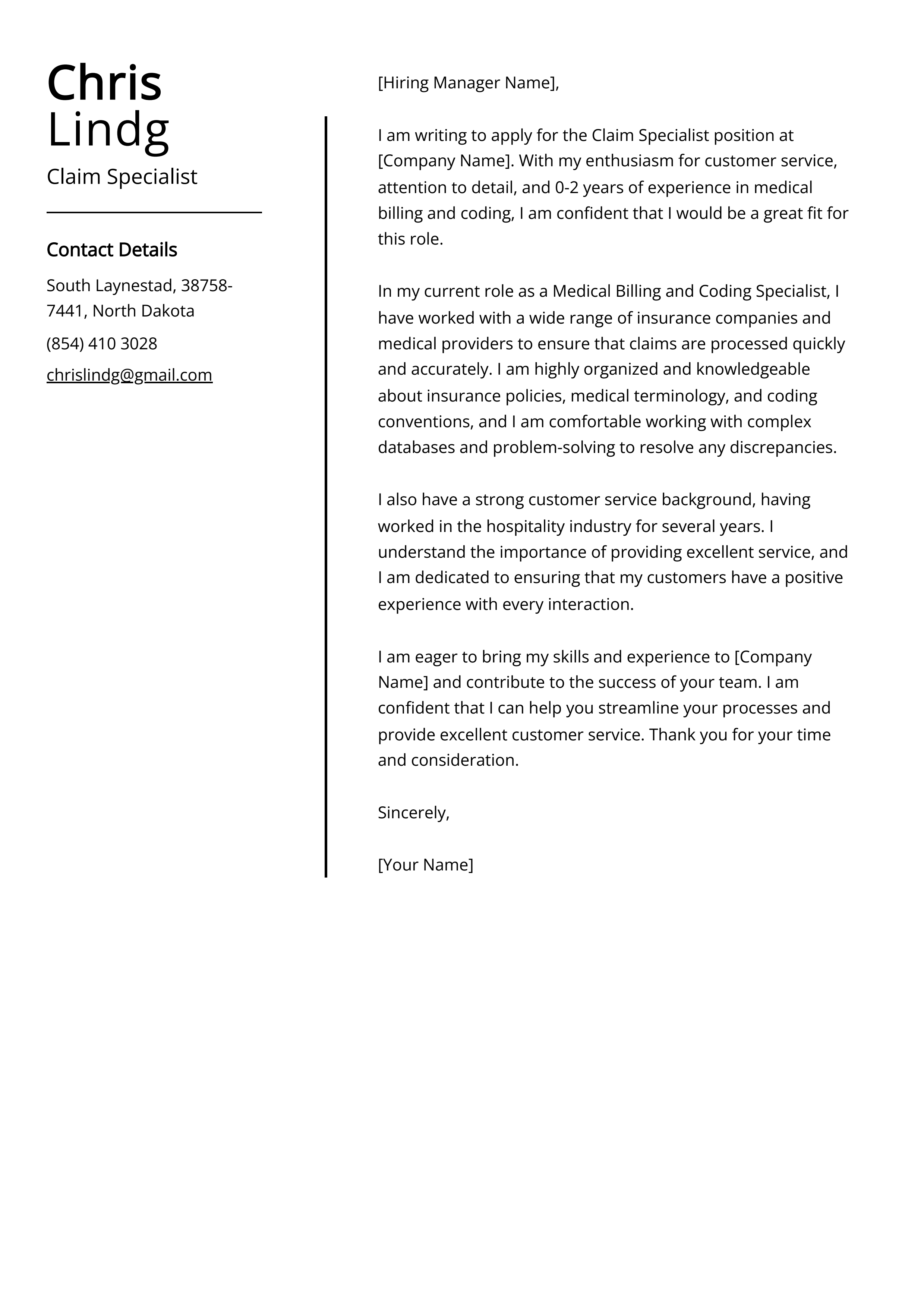 Claim Specialist Cover Letter Example