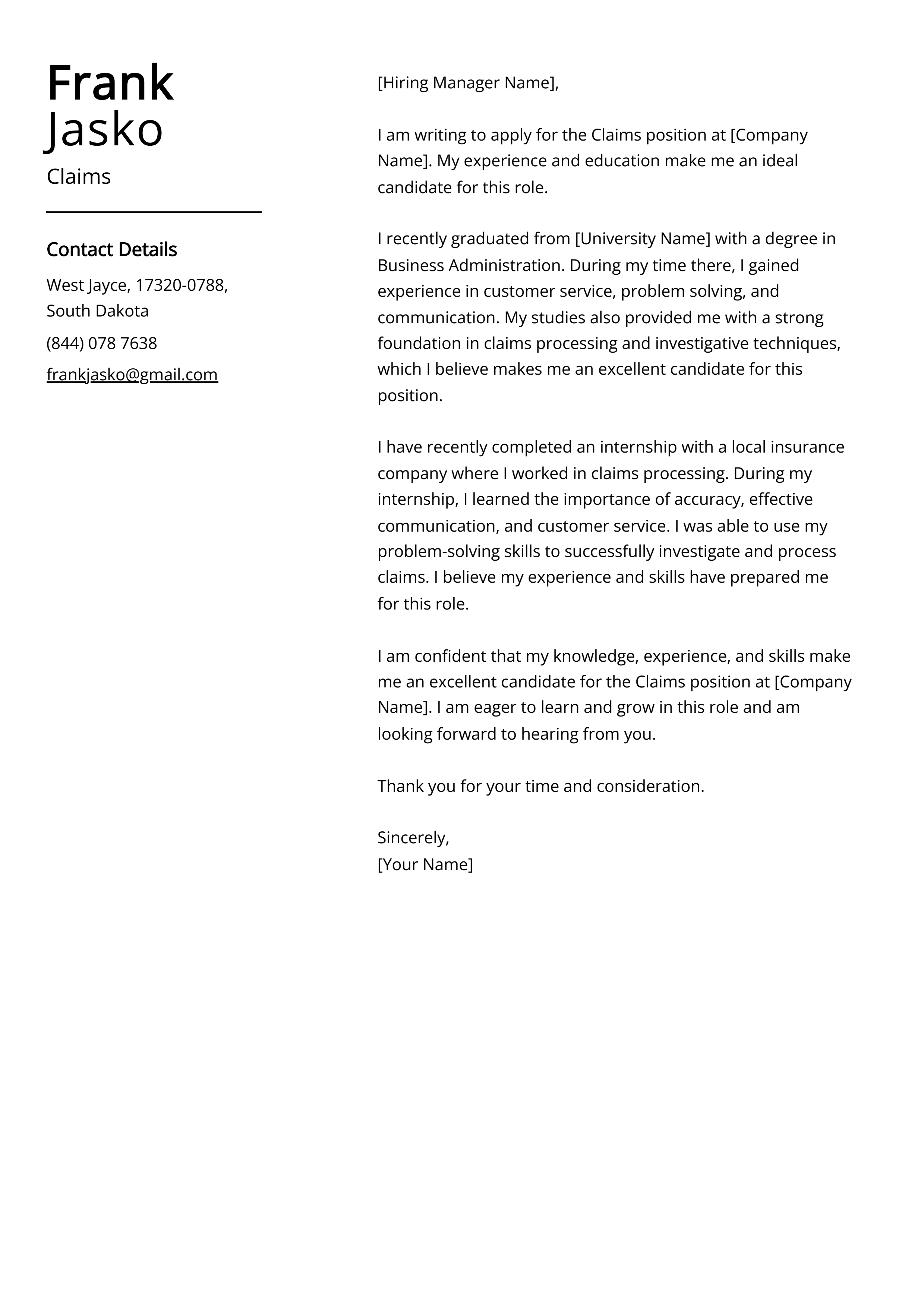 Claims Cover Letter Example