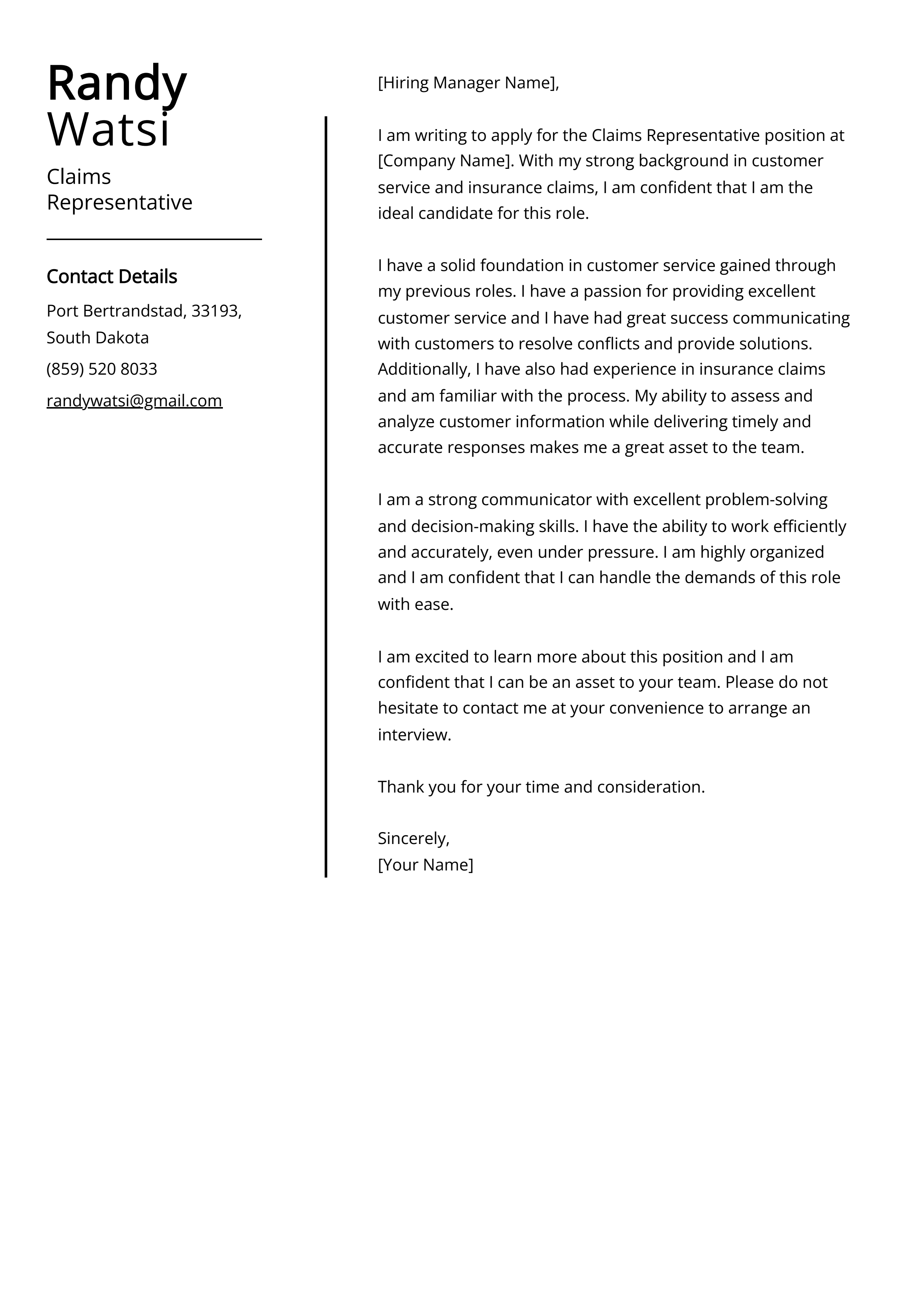 Claims Representative Cover Letter Example