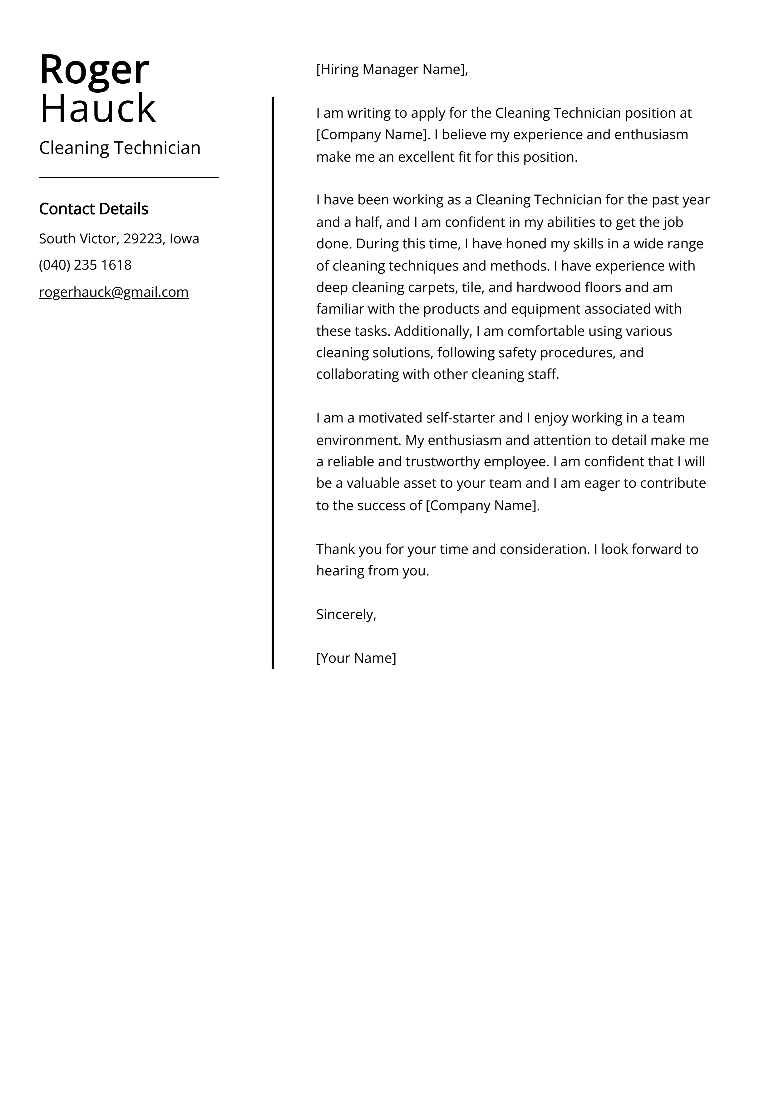 Cleaning Technician Cover Letter Example