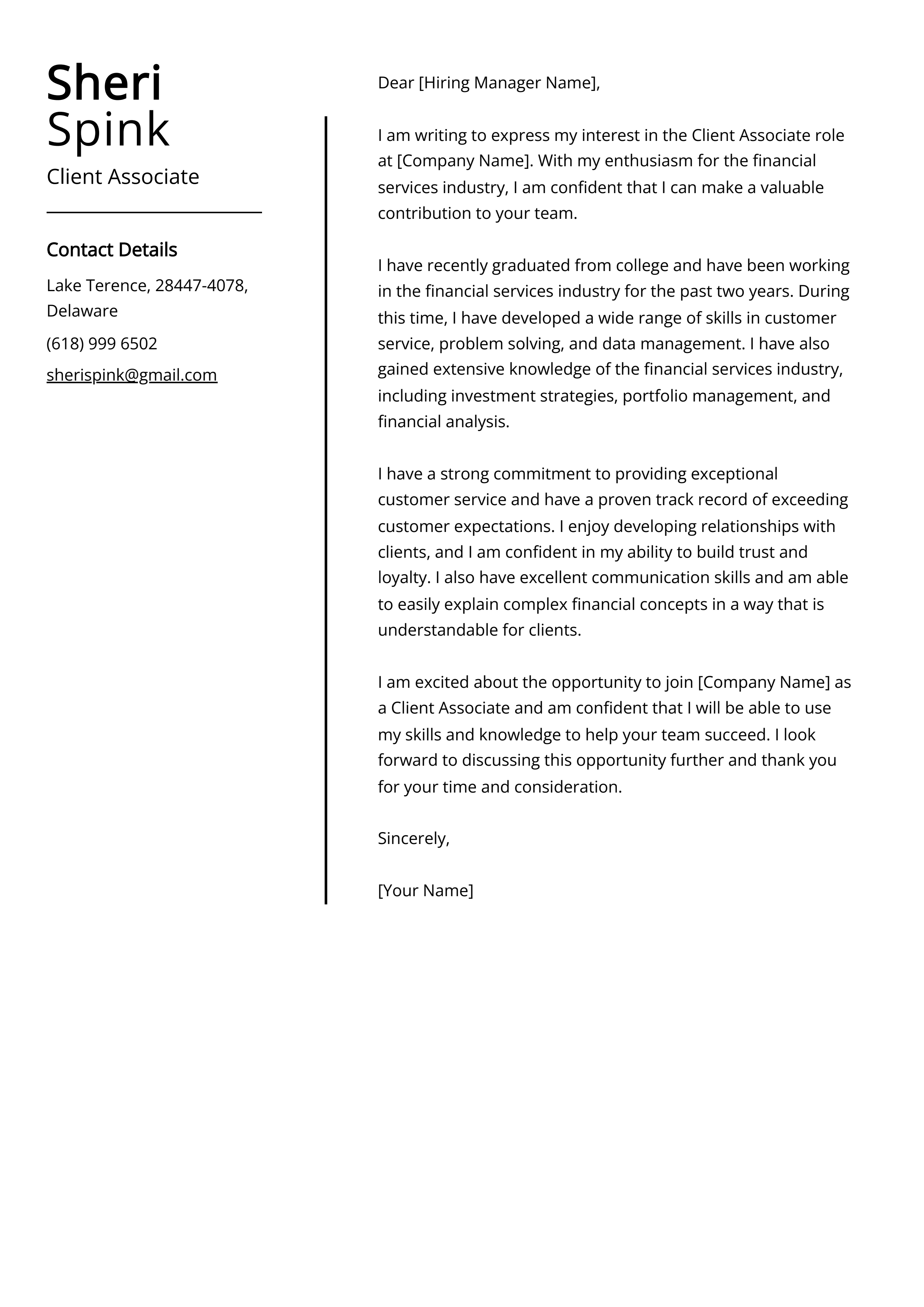 Client Associate Cover Letter Example