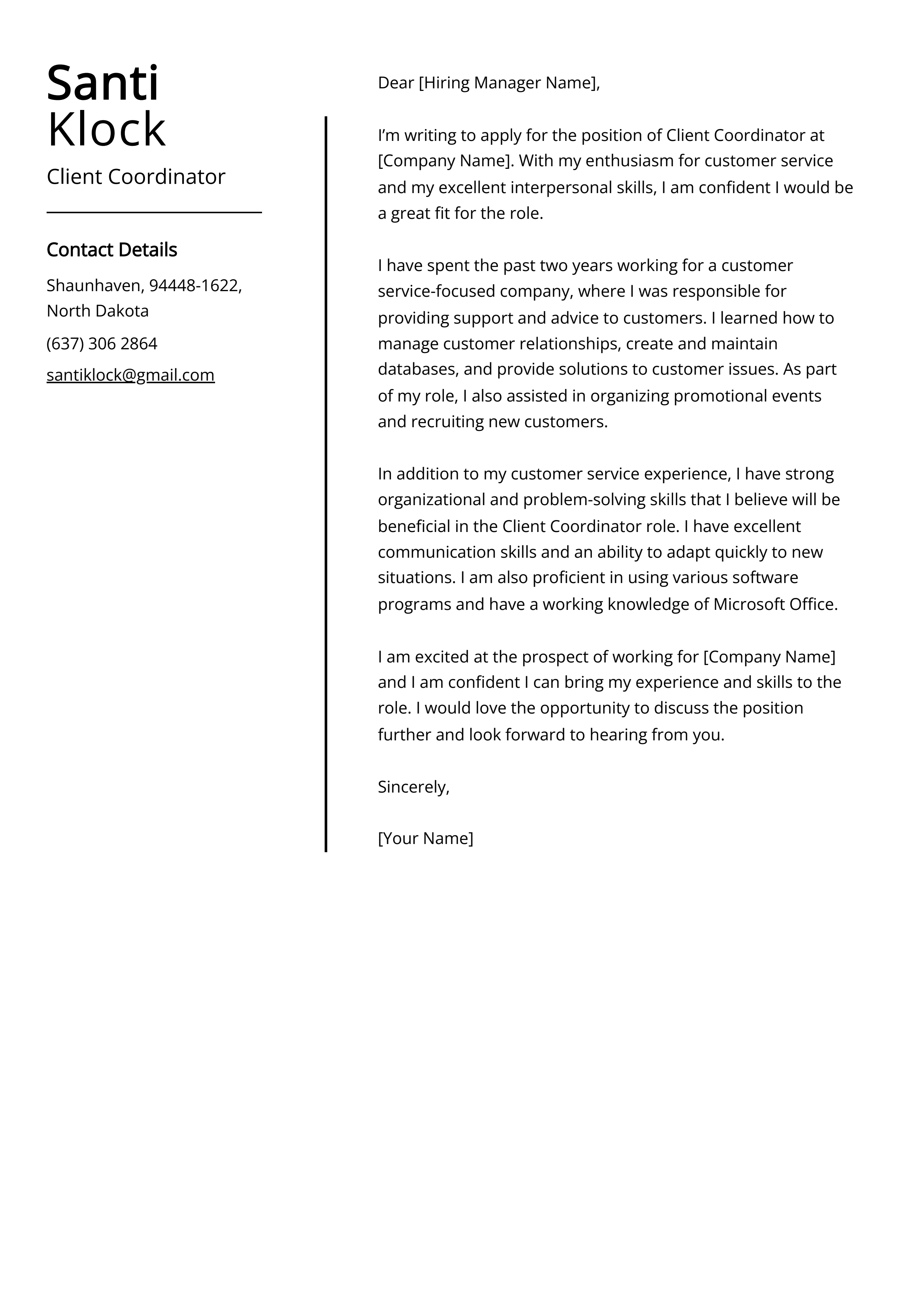 Client Coordinator Cover Letter Example