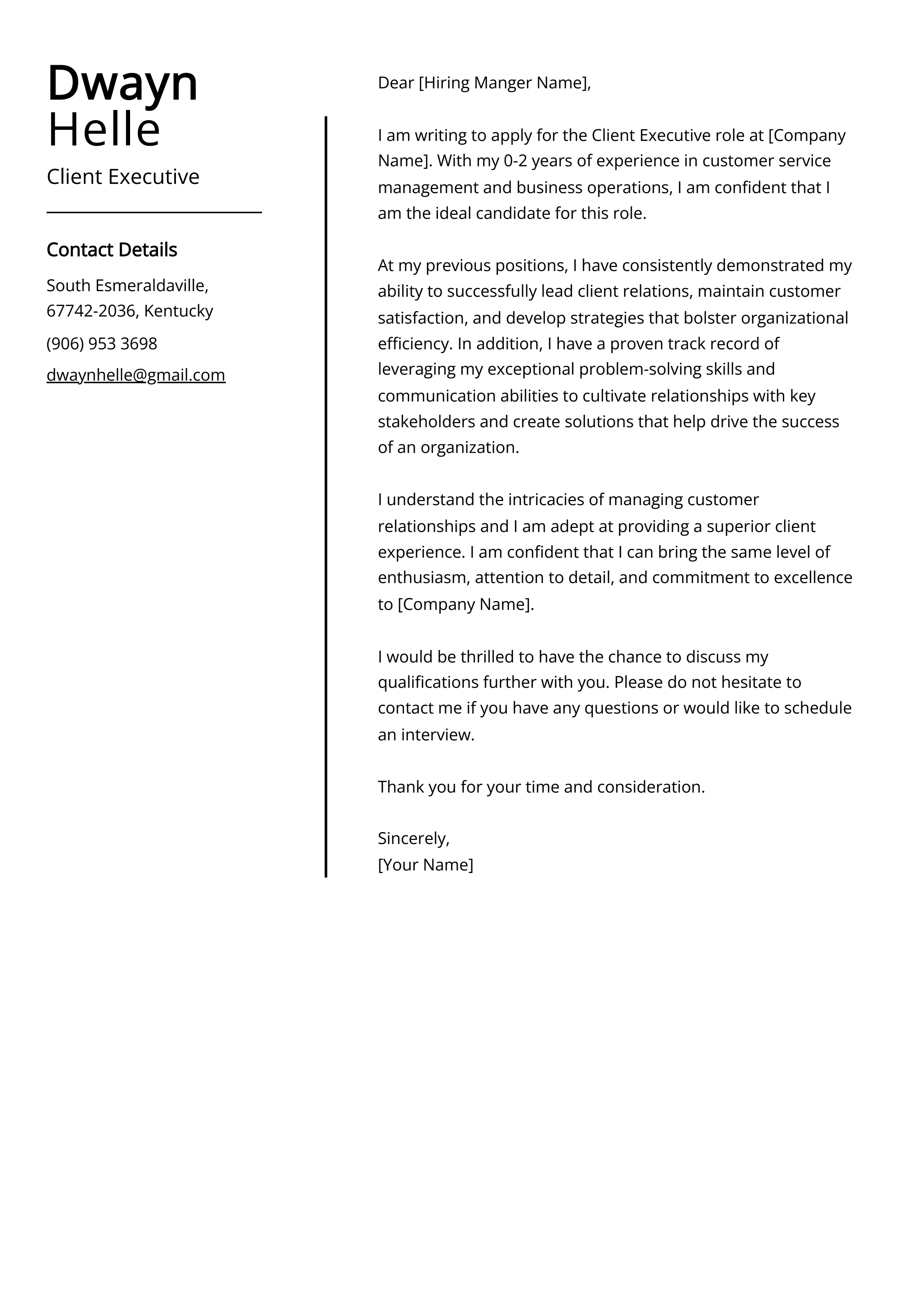 Client Executive Cover Letter Example