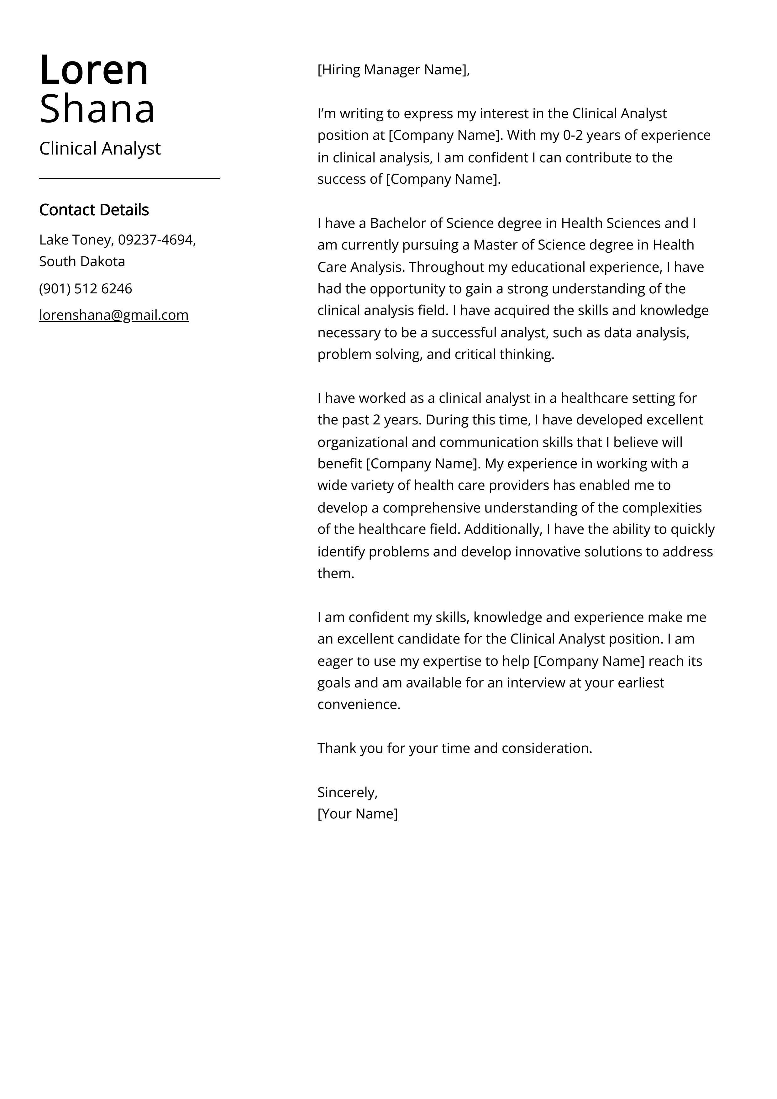 Clinical Analyst Cover Letter Example