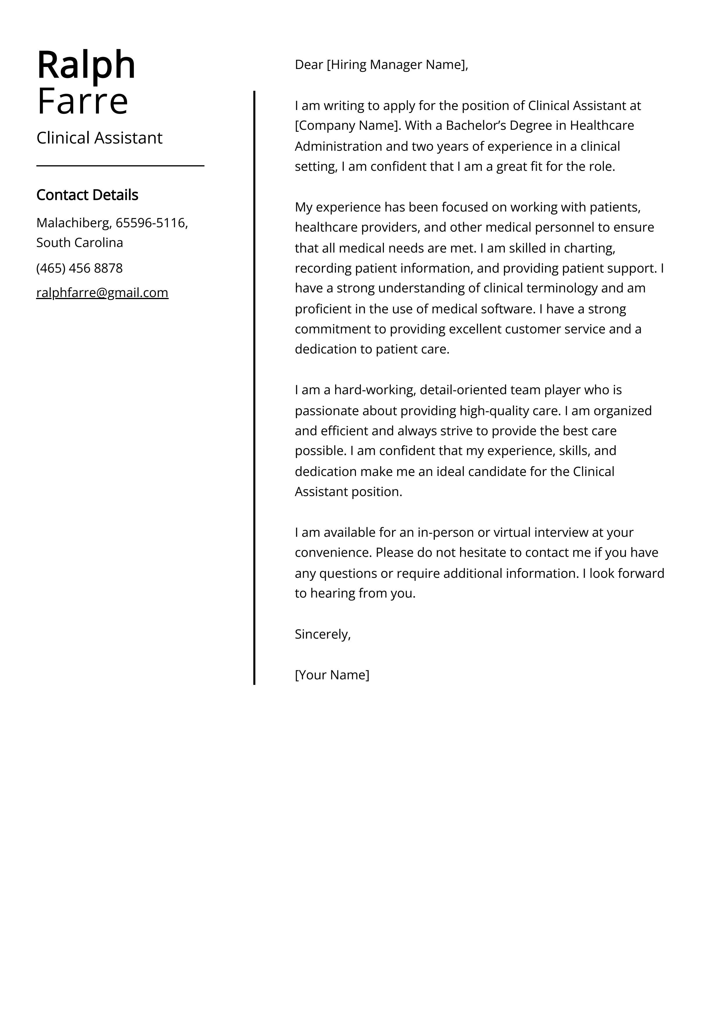 Clinical Assistant Cover Letter Example