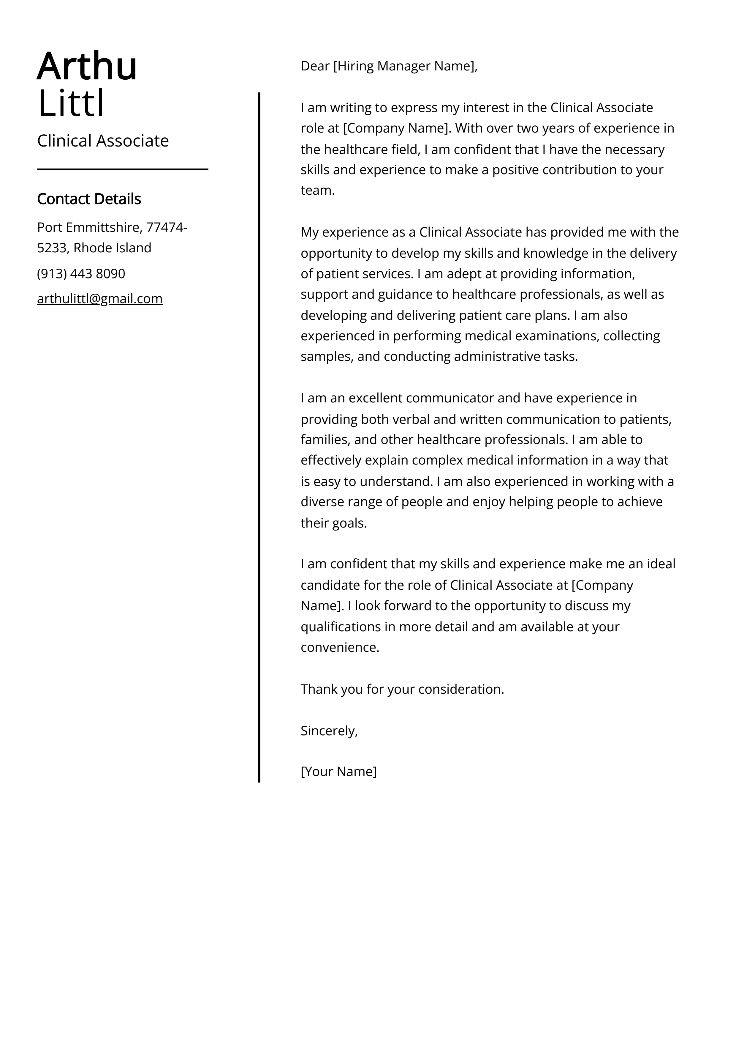 Clinical Associate Cover Letter Example