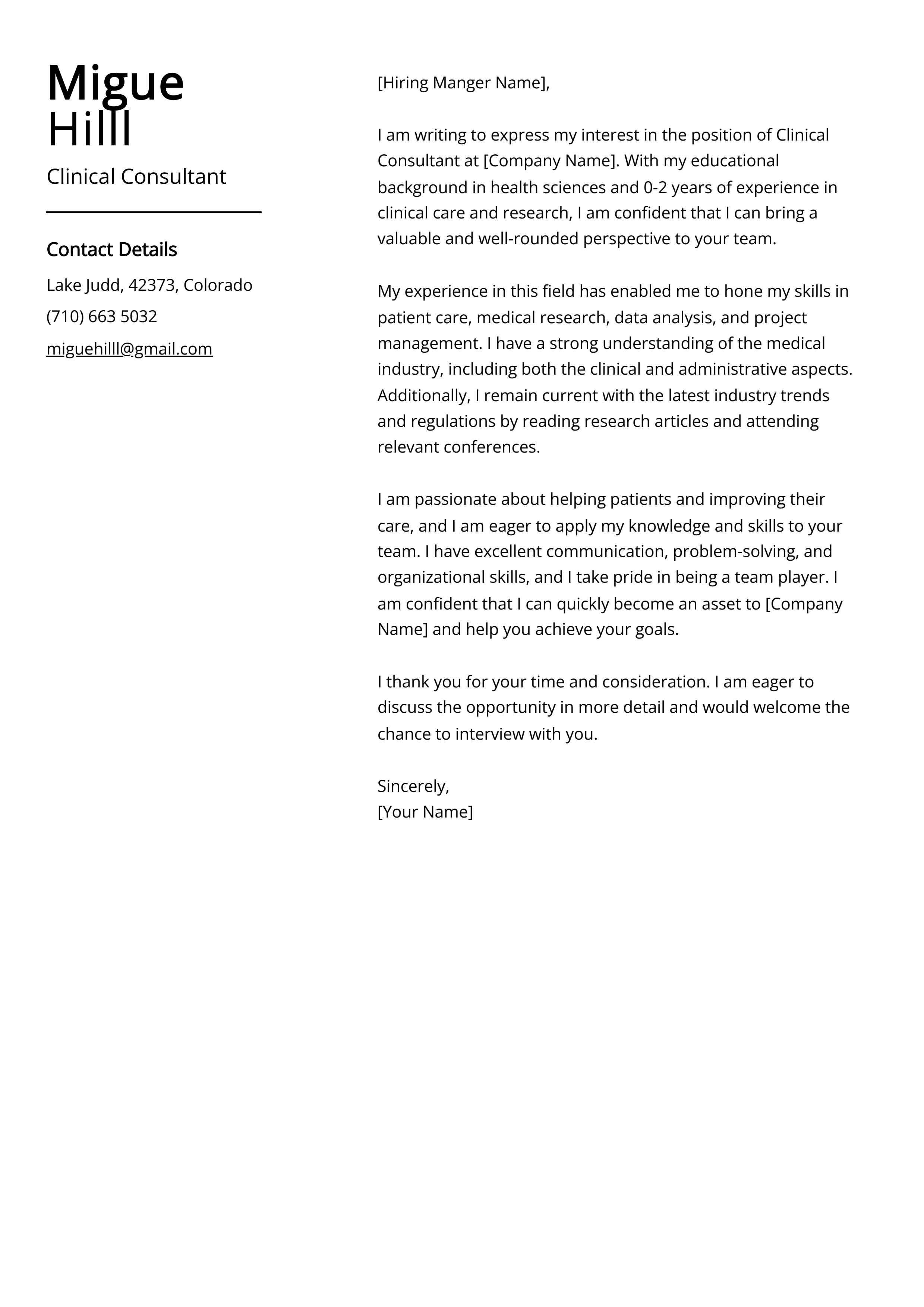 Clinical Consultant Cover Letter Example