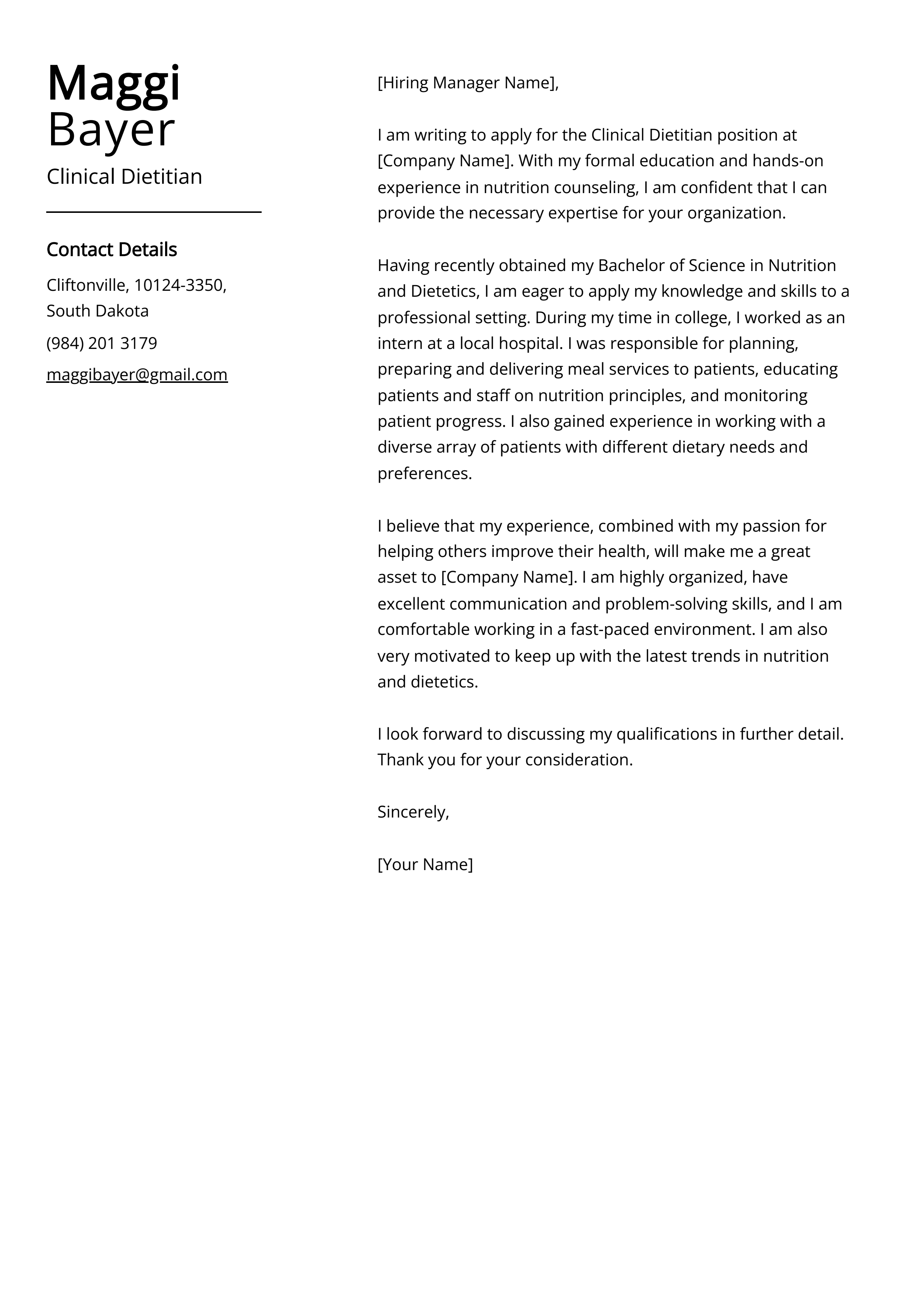 Clinical Dietitian Cover Letter Example