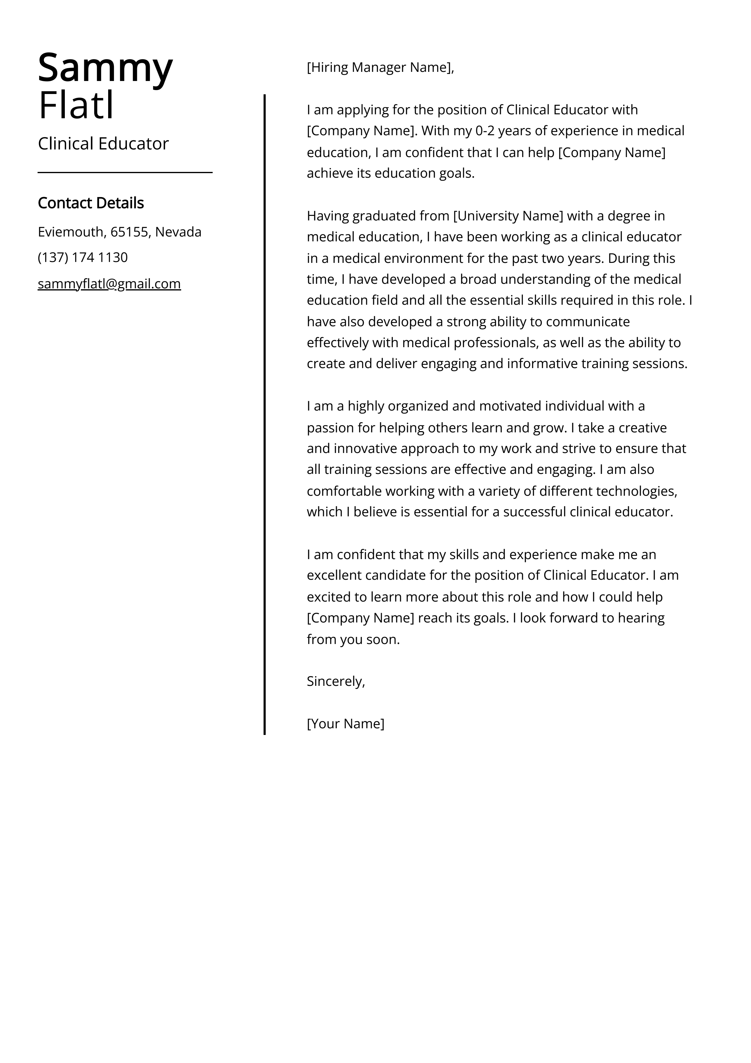 Clinical Educator Cover Letter Example