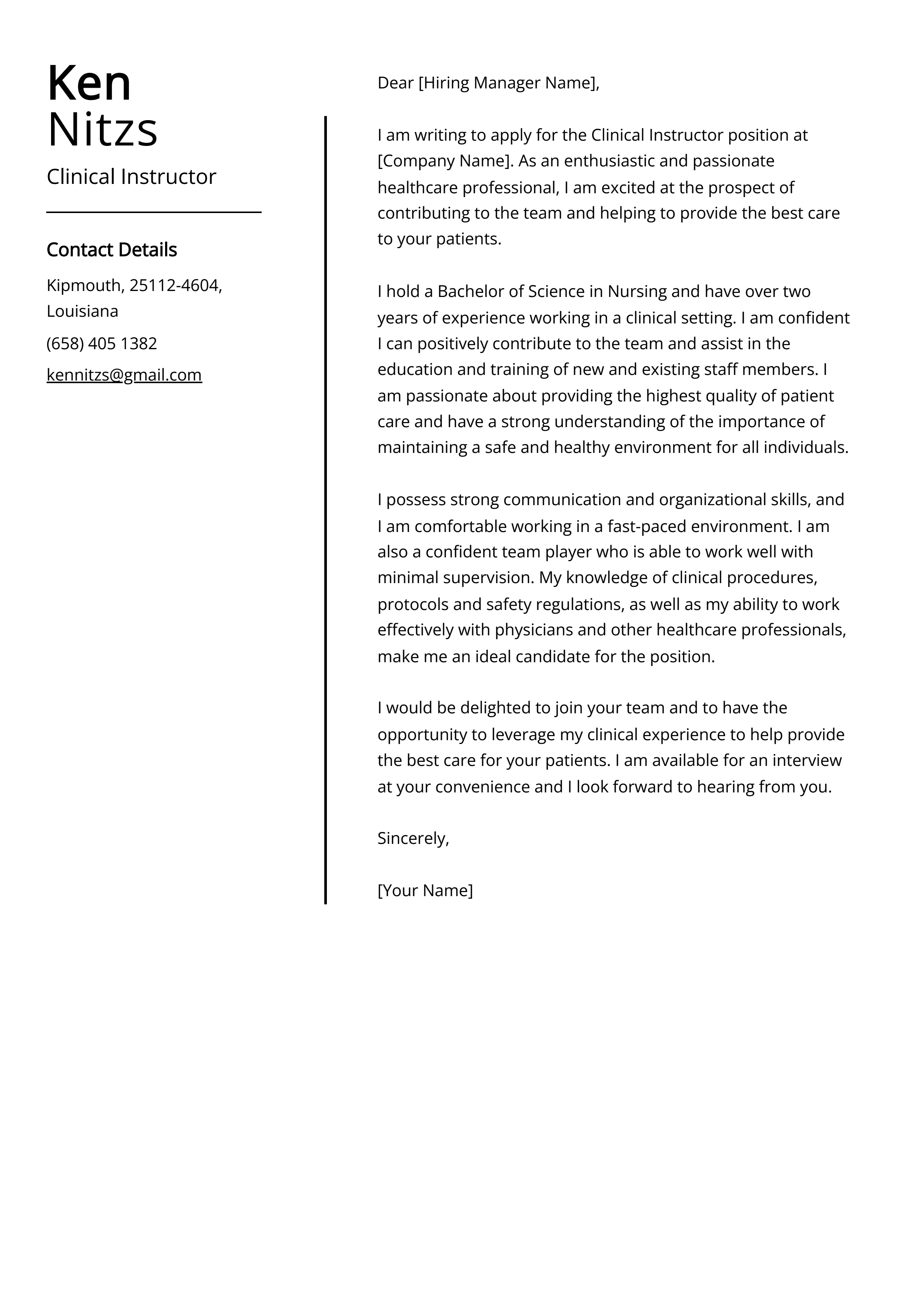 Clinical Instructor Cover Letter Example
